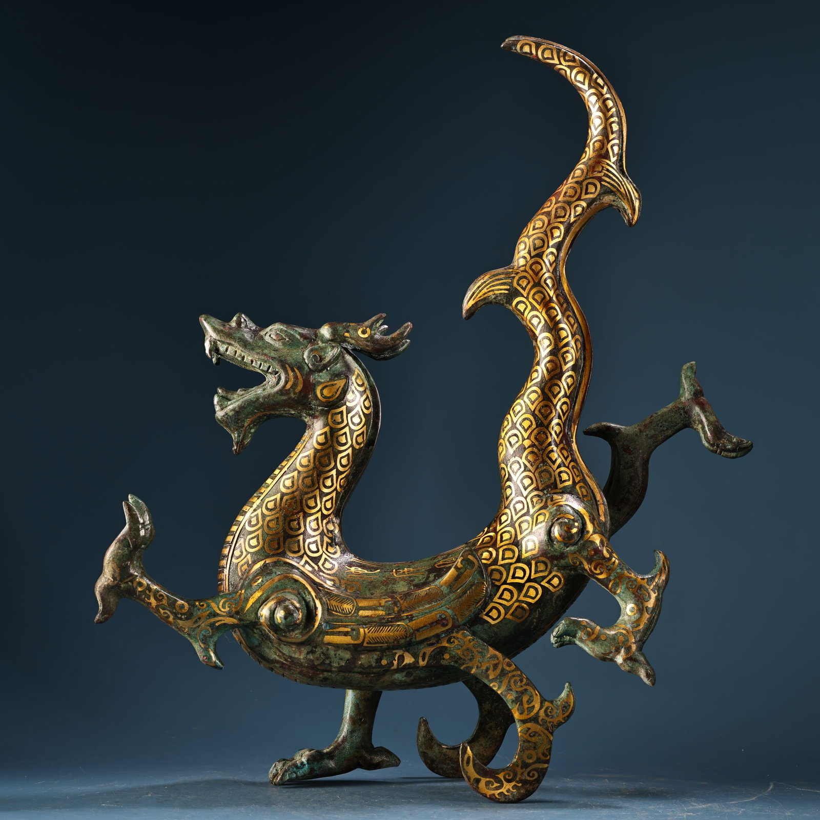 An Archaic Bronze Inlaid Gold Dragon Ornament: An Archaic Bronze Inlaid Gold Dragon Ornament,Qing