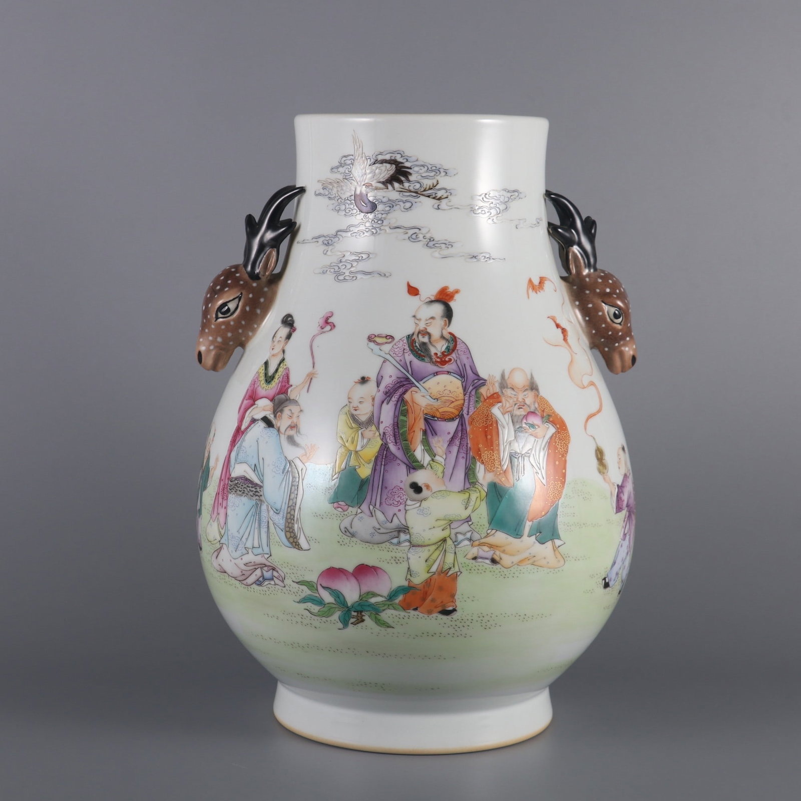 A Rare Famille-Rose Figure Pattern Deer-Ears Vase,With Poem: A Rare Famille-Rose Figure Pattern Deer-Ears Vase,With Poem,Qing Dynasty, China,Qianlong Six-character