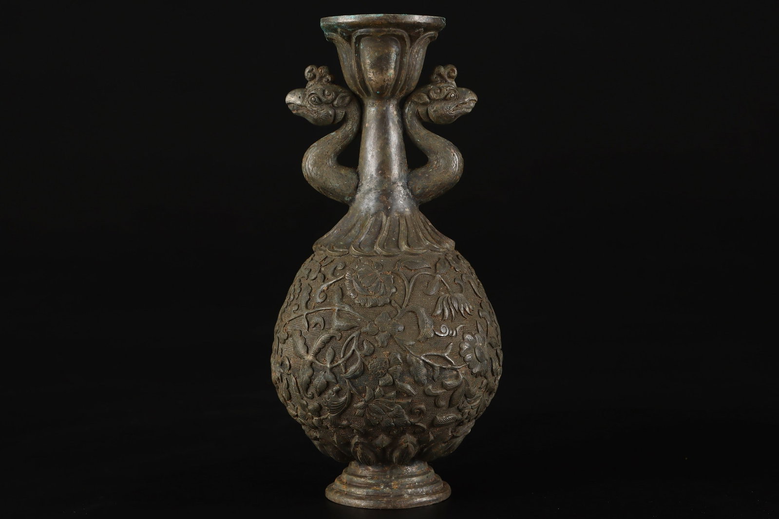 An Exquisite Silver-Gilt Bronze Lotus Pattern Phoenix-Ears Vase: An Exquisite Silver-Gilt Bronze Lotus Pattern Phoenix-Ears Vase,Qing Dynasty,China,Size:6.1inx2.8in,Weight:349g铜鎏银缠枝莲纹凤耳瓶，&