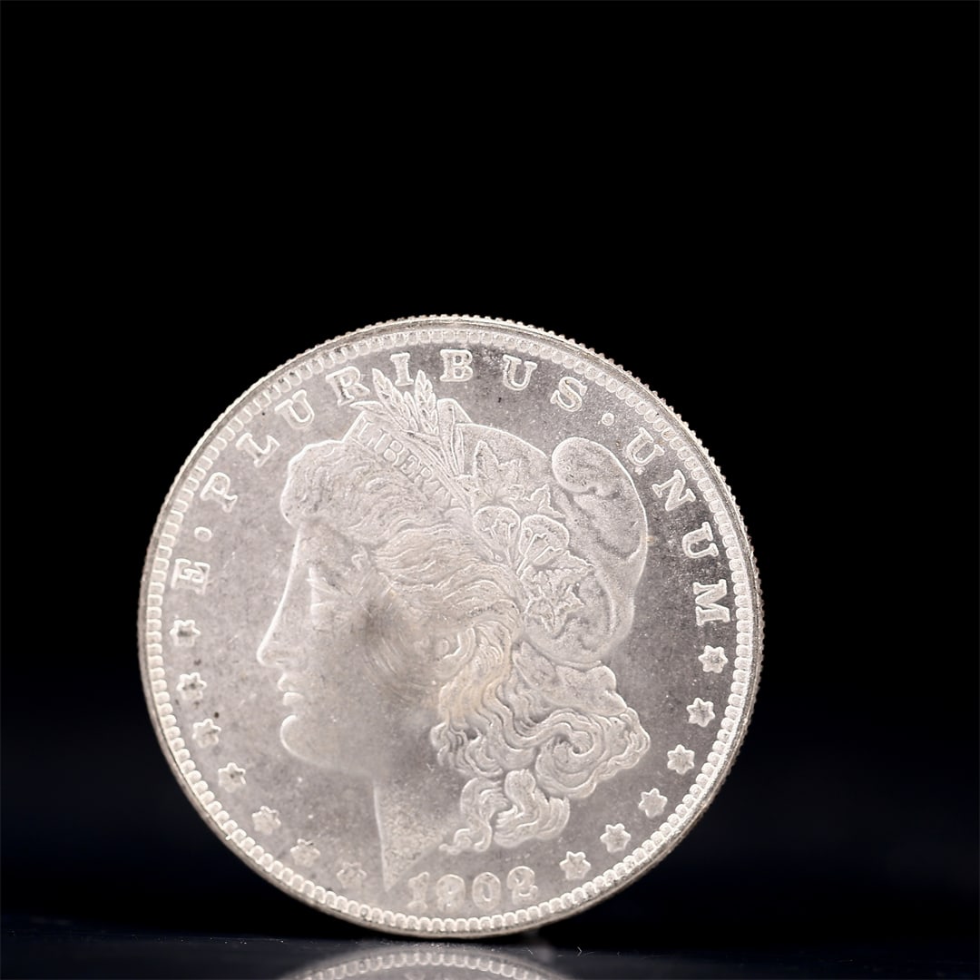 USA Morgan Dollar 1902 Coin: Obv: profile bust with date below and E PLURIBUS UNUM legend and stars around. Rev: eagle with In God we trust above within wreath with UNITED STATES OF AMERICA ONE DOLLAR legend. IN GOD WE TRUST / LI