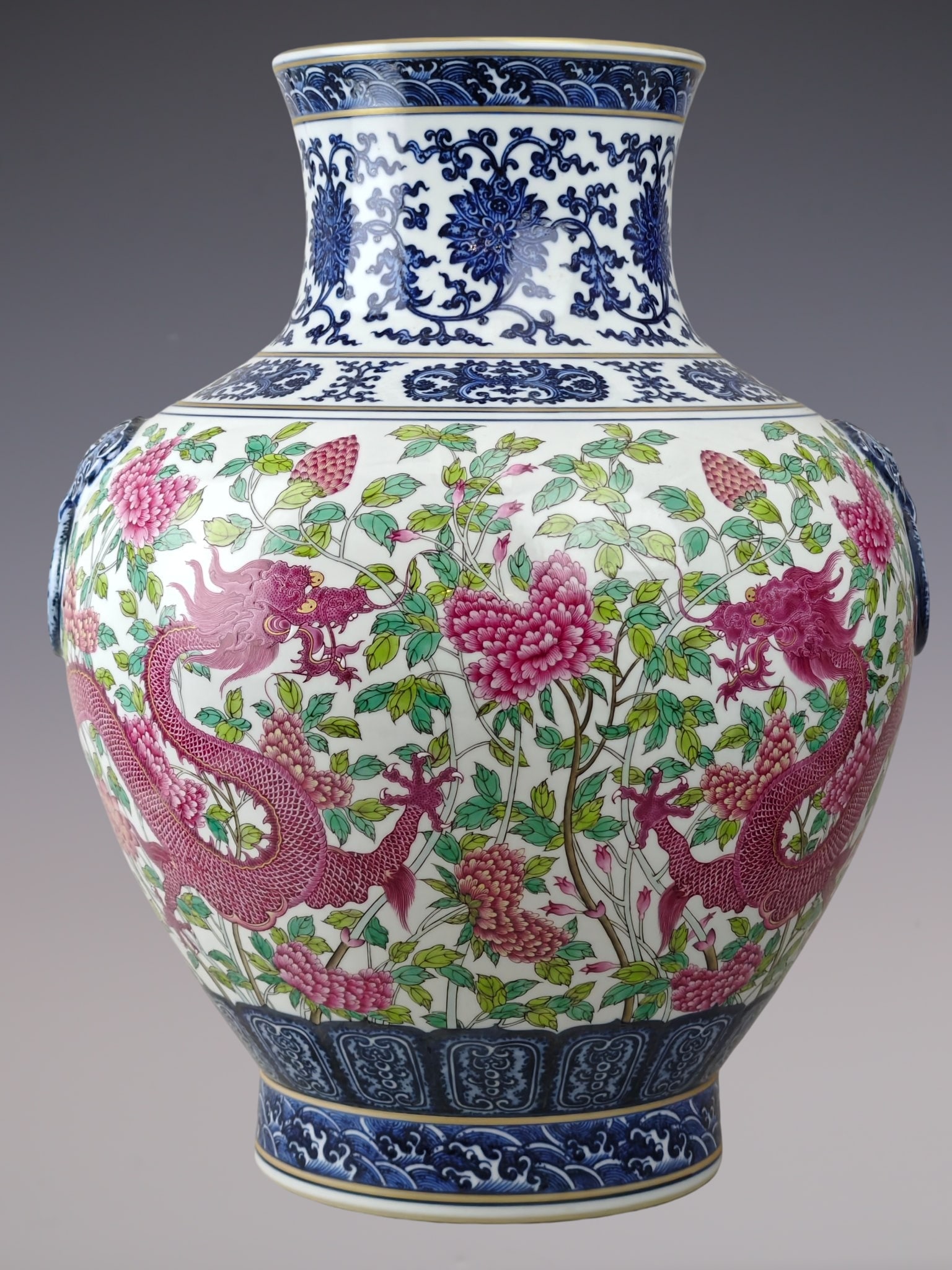A Huge Blue and White Famille-Rose Painted Gold Lotus and Dragon Pattern Beast-Ears Vase: A Huge Blue and White Famille-Rose Painted Gold Lotus and Dragon Pattern Beast-Ears Vase,Qing Dynasty, China,Qianlong Six-character Mark,Size:20.5inx15.7in青花粉彩描ŵ