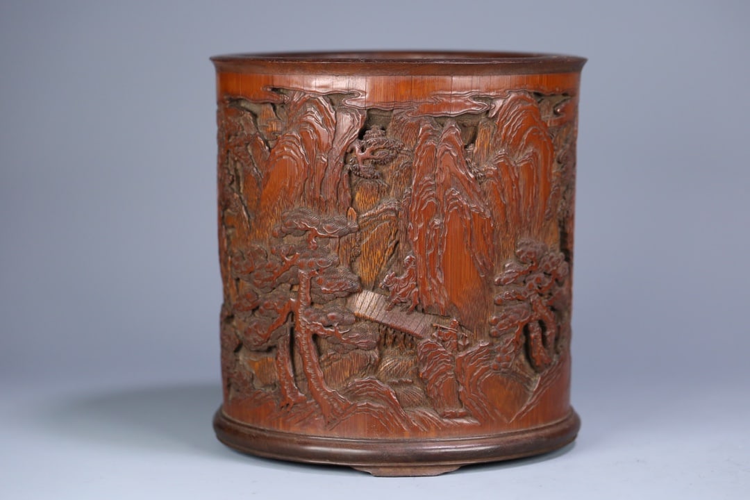 An Exquisite Bamboo Landscape and Figure Pattern Tripod Brush Pot (1 of 9)
