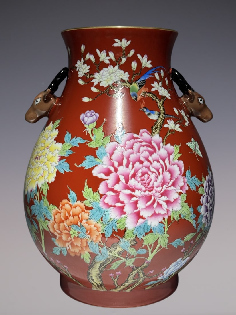A Huge Famille-Rose Coral Red Ground Painted Gold Flower and Bird Pattern Deer-Ears Vase,With Poem: A Huge Famille-Rose Coral Red Ground Painted Gold Flower and Bird Pattern Deer-Ears Vase,With Poem,Qing Dynasty, China,Qianlong Six-character Mark,Size:16.1inx11.8in粉彩珊瑚