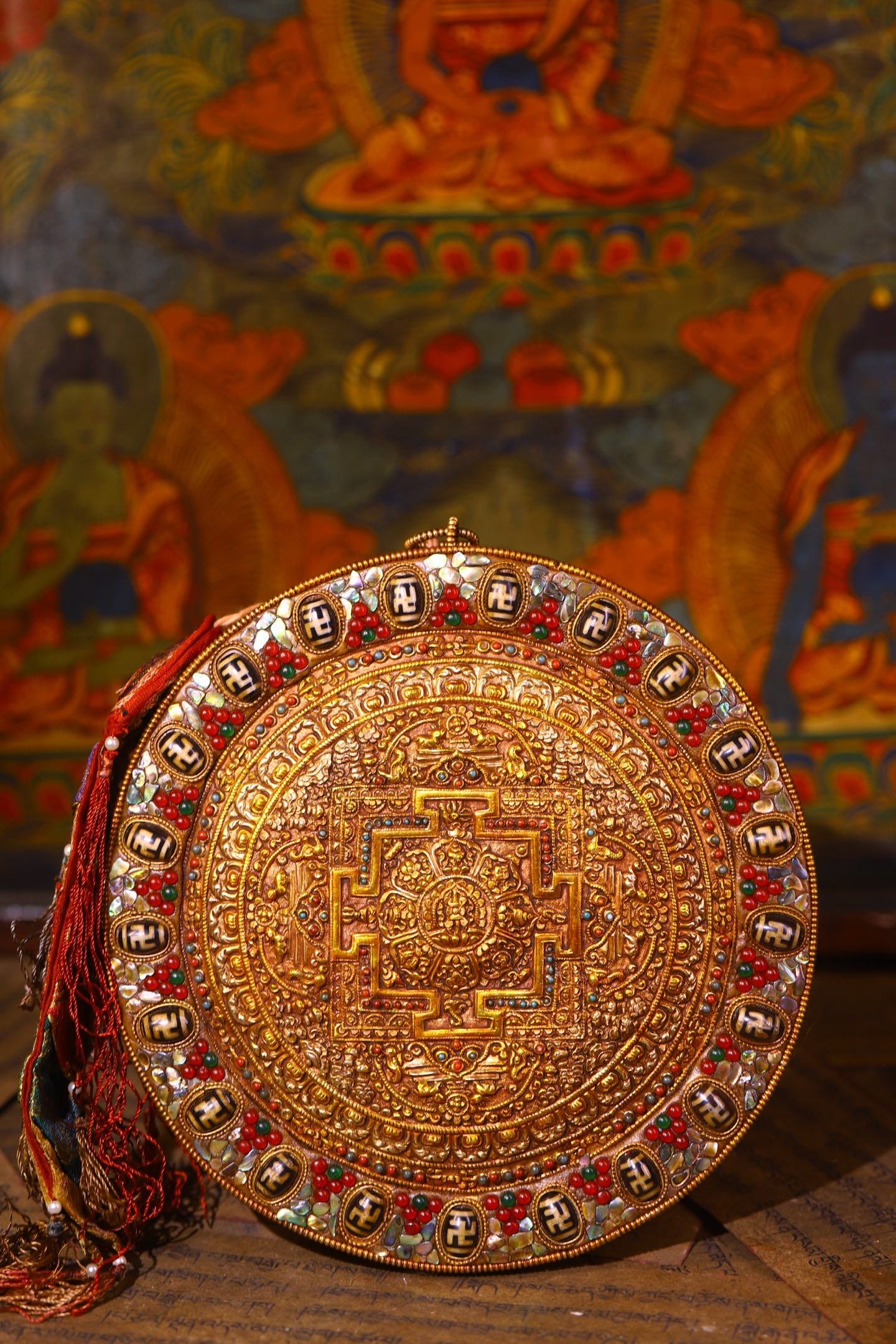 An Exquisite Silver Inlaid Gems and Dzi Bead Tangka: An Exquisite Silver Inlaid Gems and Dzi Bead Tangka,Qing