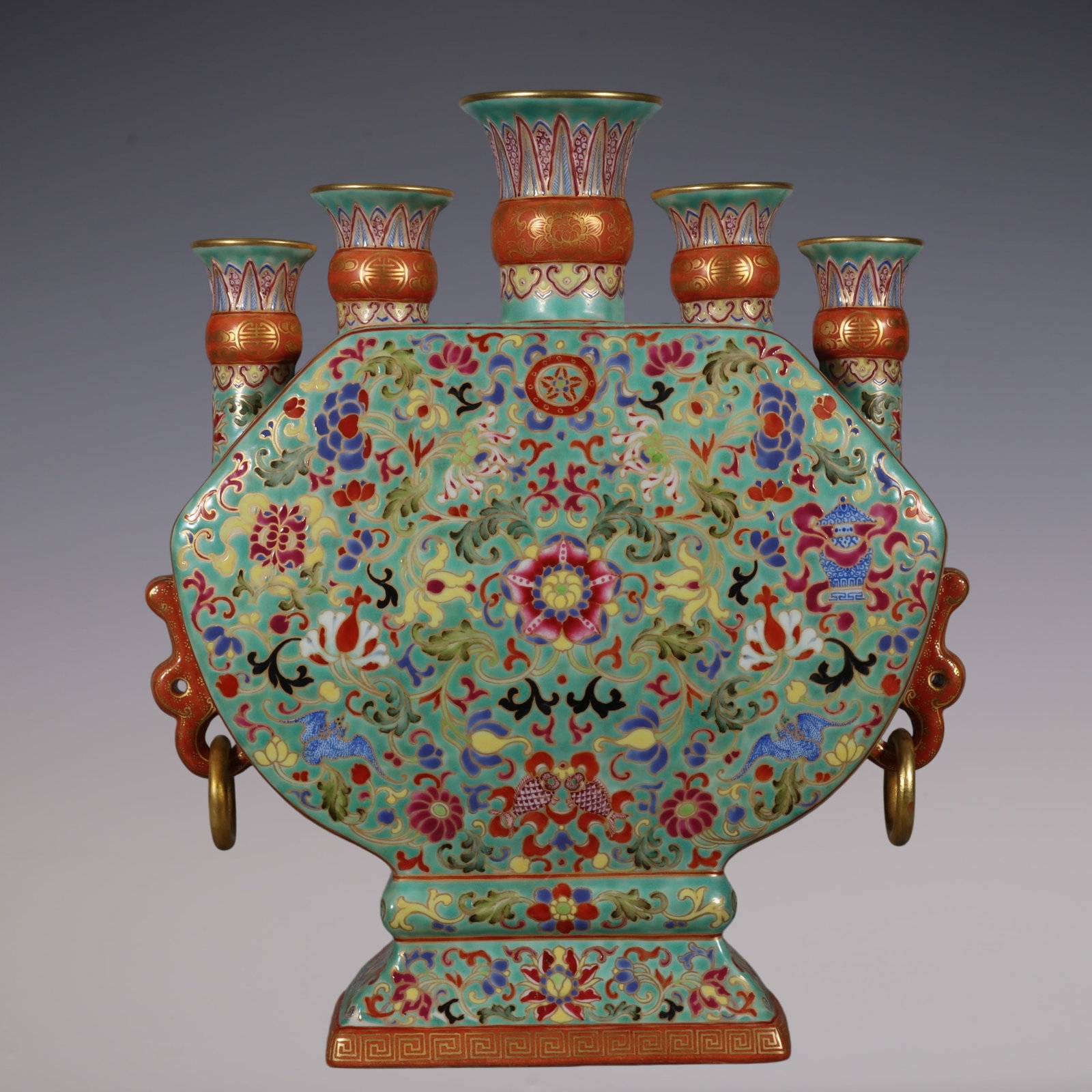 A Rare Enamel Green Ground Painted Gold Lotus and Eight Treasures Pattern Double-Ears Vase: A Rare Enamel Green Ground Painted Gold Lotus and Eight Treasures Pattern Double-Ears Vase,Qing Dynasty, China,Qianlong Four-character Mark,Size:12inx2.6inx5.8in珐琅彩绿地