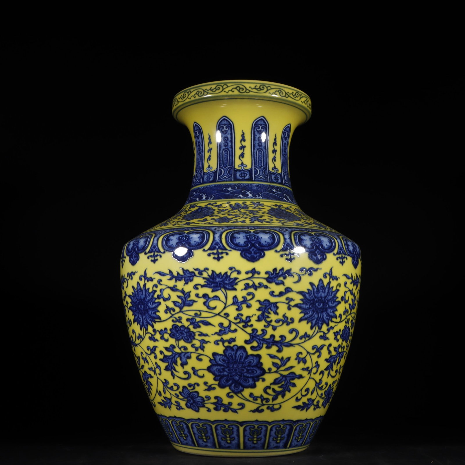 A Rare Yellow Glazed Blue and White Lotus Pattern Vase: A Rare Yellow Glazed Blue and White Lotus Pattern Vase,Qing Dynasty,China,Qianlong Six-character