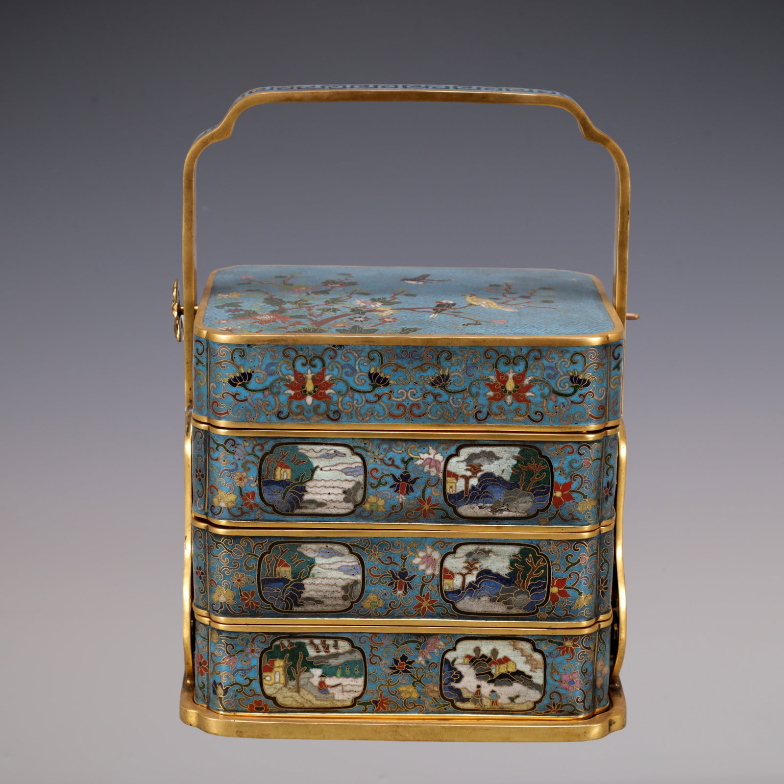 A Exquisite Cloisonne Flower and Bird Pattern Lotus Pattern Character and Story Pattern Food box: A Exquisite Cloisonne Flower and Bird Pattern Lotus Pattern Character and Story Pattern Food box Qing Dynasty, China Size:7.1inx5.5inx9.4in