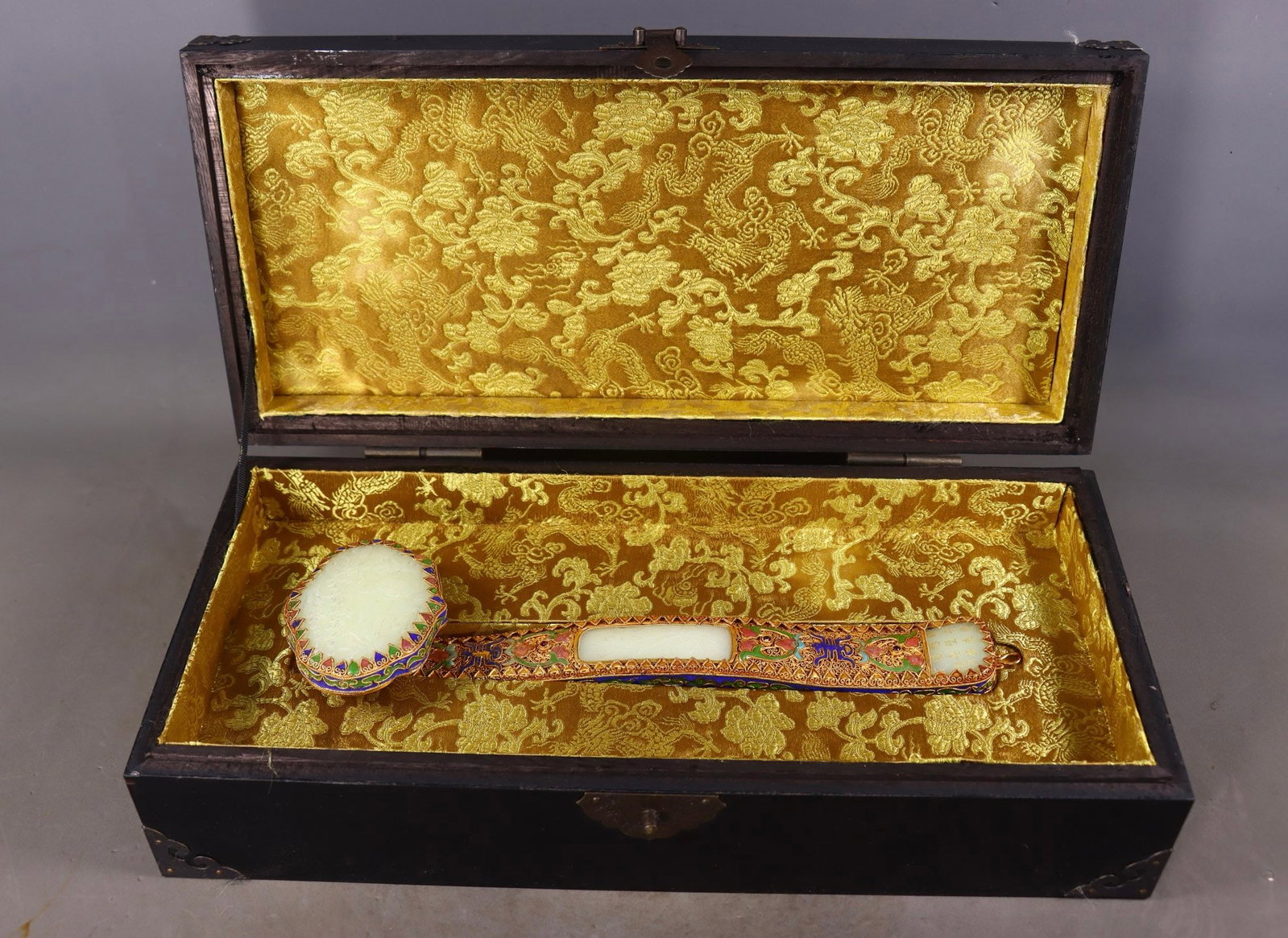 A Rare Filigree and Gilding Inlaid White Jade Landscape and Figure Pattern Ruyi,With Poem: A Rare Filigree and Gilding Inlaid White Jade Landscape and Figure Pattern Ruyi,With Poem,Qing Dynasty,China,Qianlong Four-character