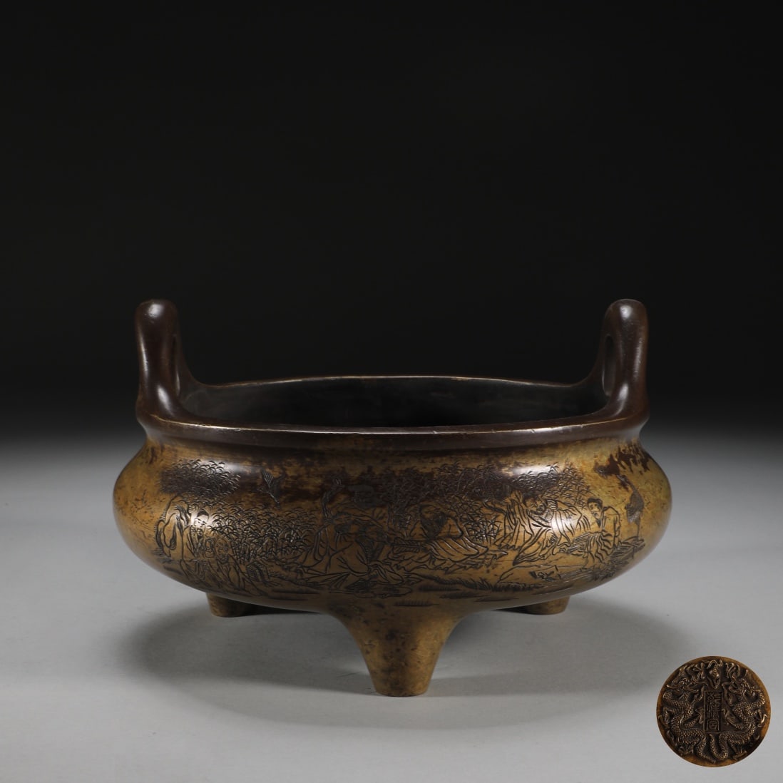 An Exquisite Bronze Character and Story Pattern Double-Ears Tripod Censer,With Poem: An Exquisite Bronze Character and Story Pattern Double-Ears Tripod Censer,With Poem,Qing Dynasty,China,With Mark,Size:4.4inx6.3inx7.6in,Weight:2600g铜人物故事纹