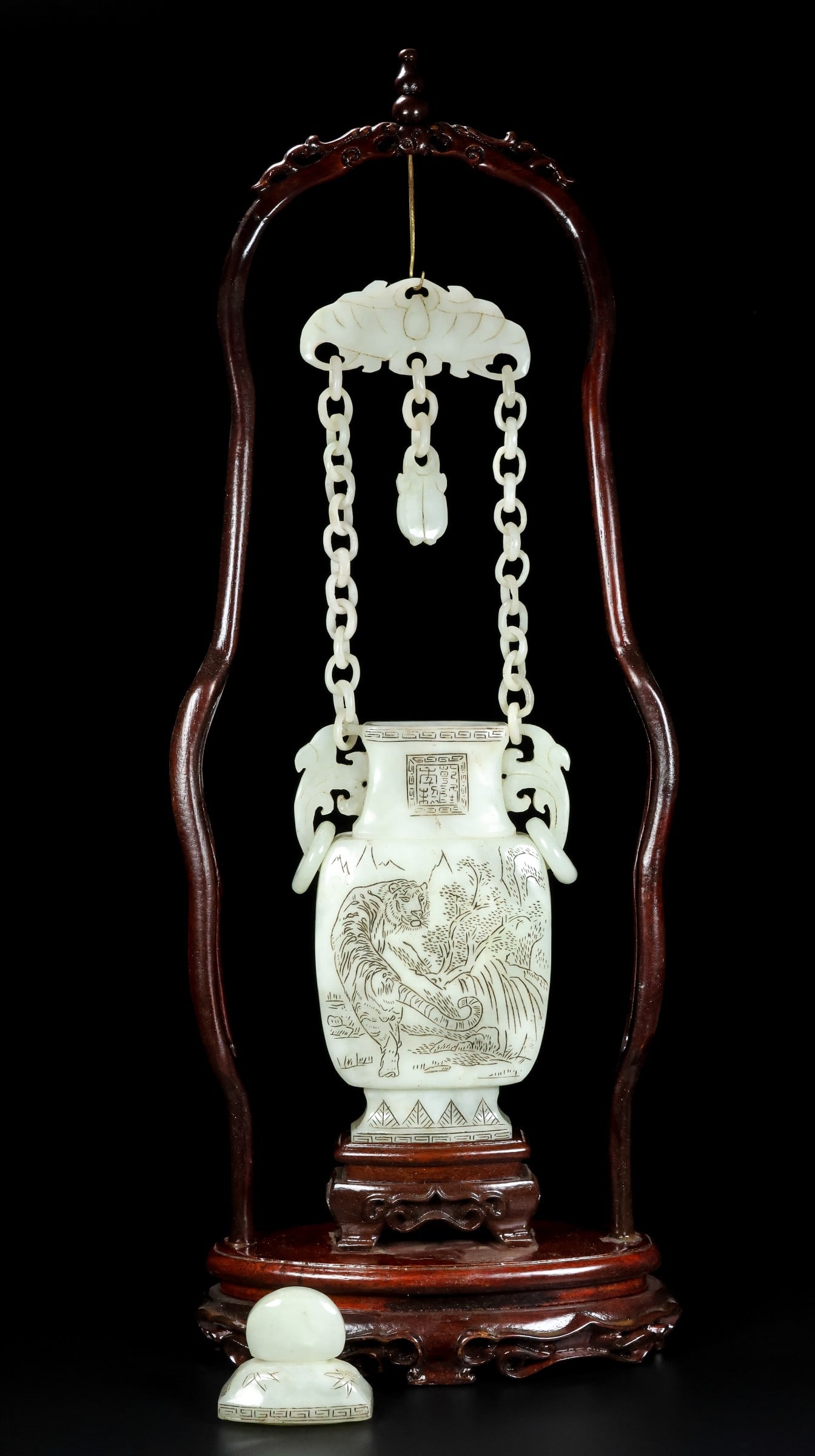 A Rare White Jade Tiger Pattern Double-Ears Vase - 2