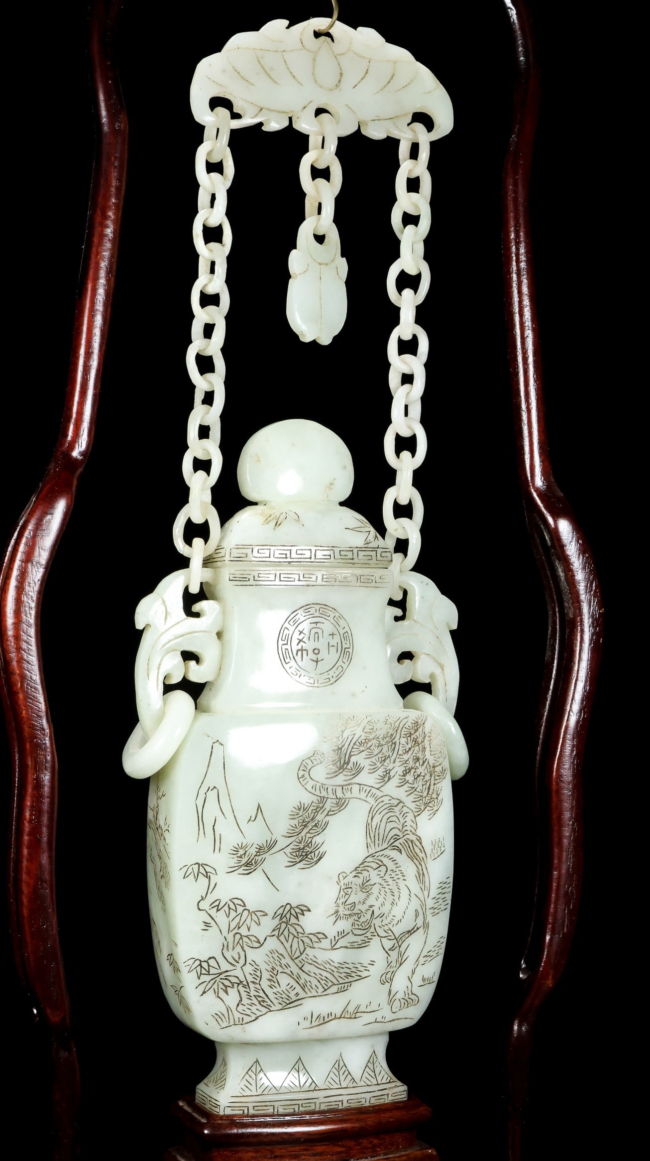A Rare White Jade Tiger Pattern Double-Ears Vase - 3