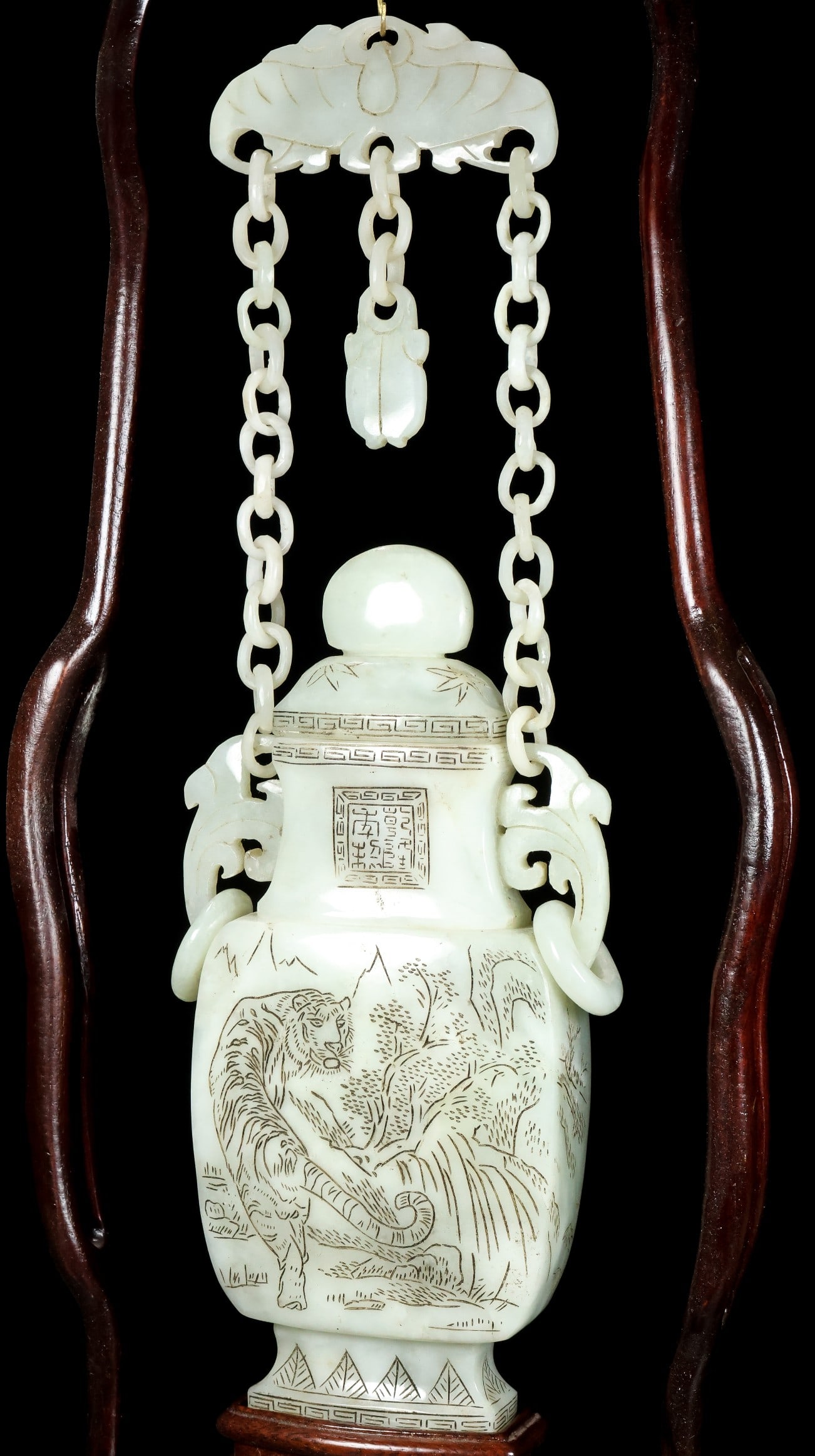 A Rare White Jade Tiger Pattern Double-Ears Vase - 4