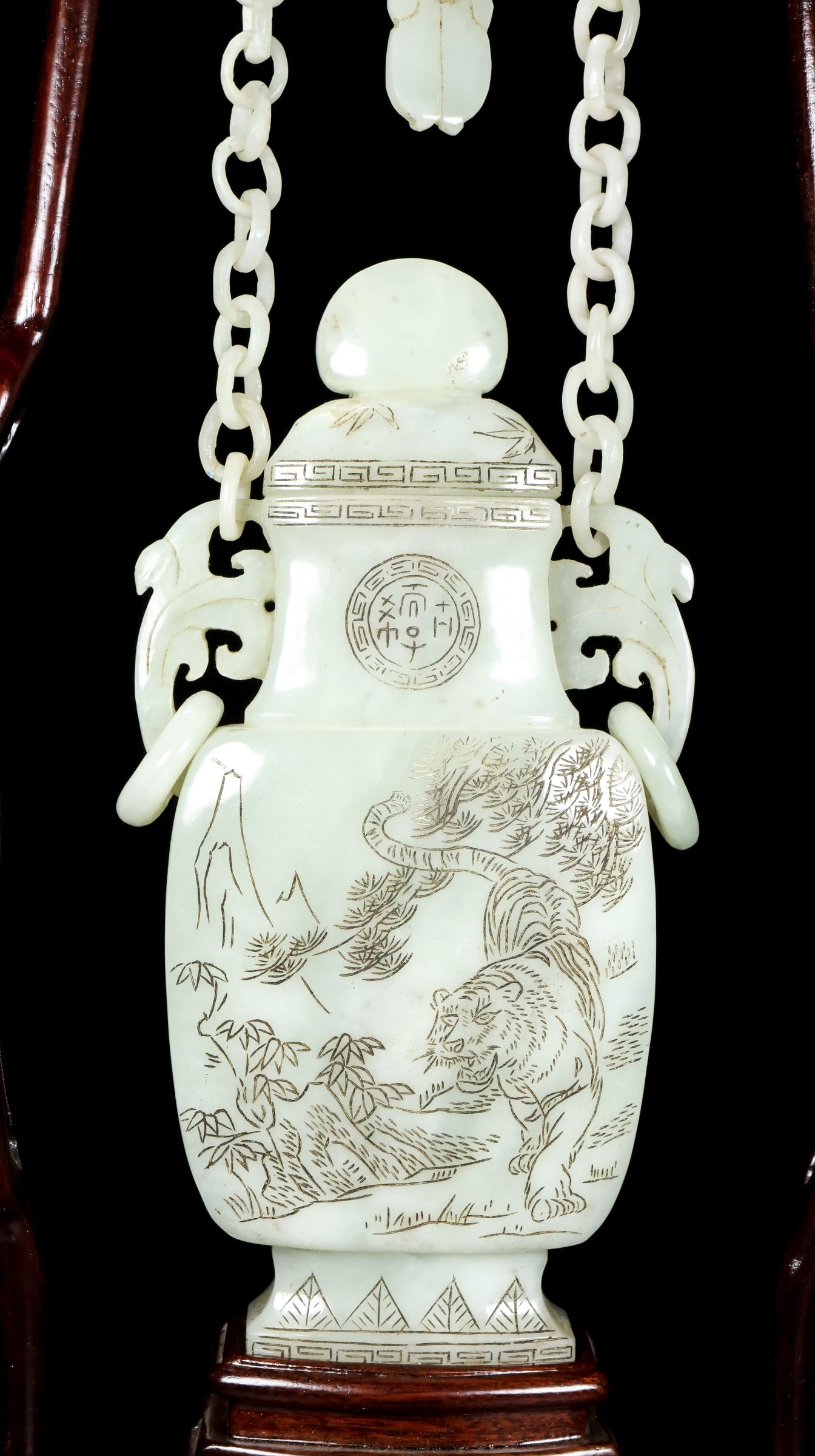 A Rare White Jade Tiger Pattern Double-Ears Vase - 5