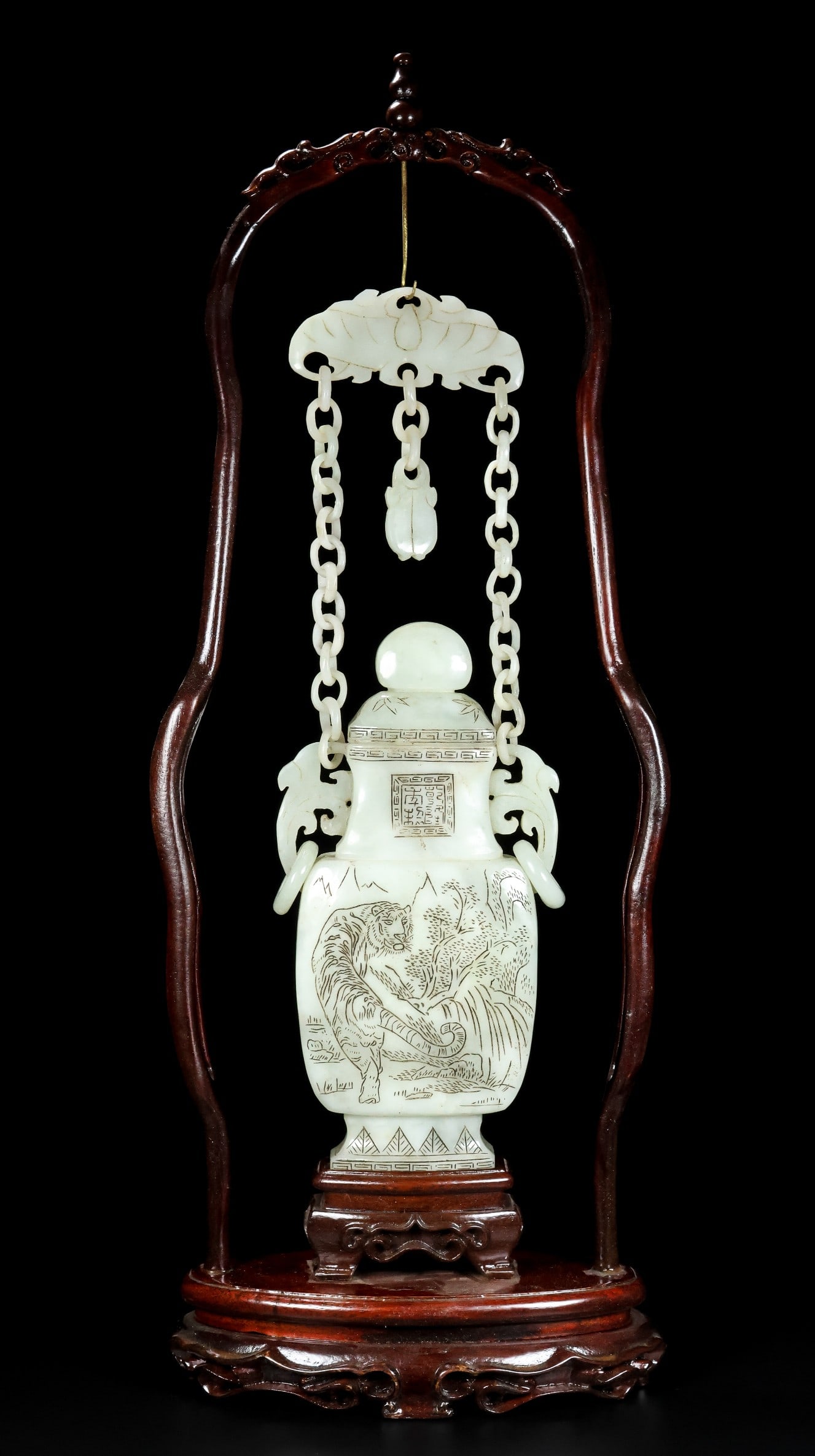 A Rare White Jade Tiger Pattern Double-Ears Vase - 8