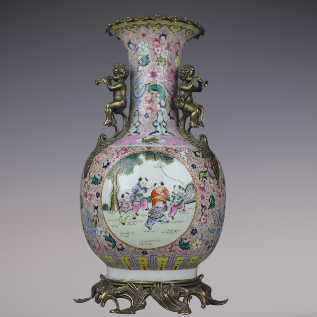 A Huge Famille-Rose Inlaid Bronze Figure,Lotus and Phoenix Pattern Figure-Ears Vase: A Huge Famille-Rose Inlaid Bronze Figure,Lotus and Phoenix Pattern Figure-Ears Vase,Qing Dynasty,China,??? Six-character