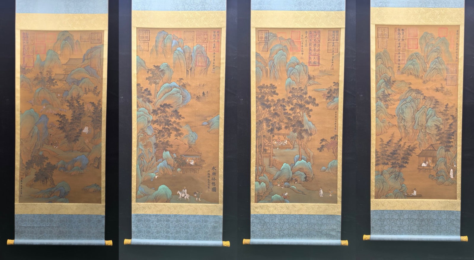 A Set of Chinese Vertical Scroll Ink Painting of Landscape and Figure on Silk: A Set of Chinese Vertical Scroll Ink Painting of Landscape and Figure on Silk,Size:(Without
