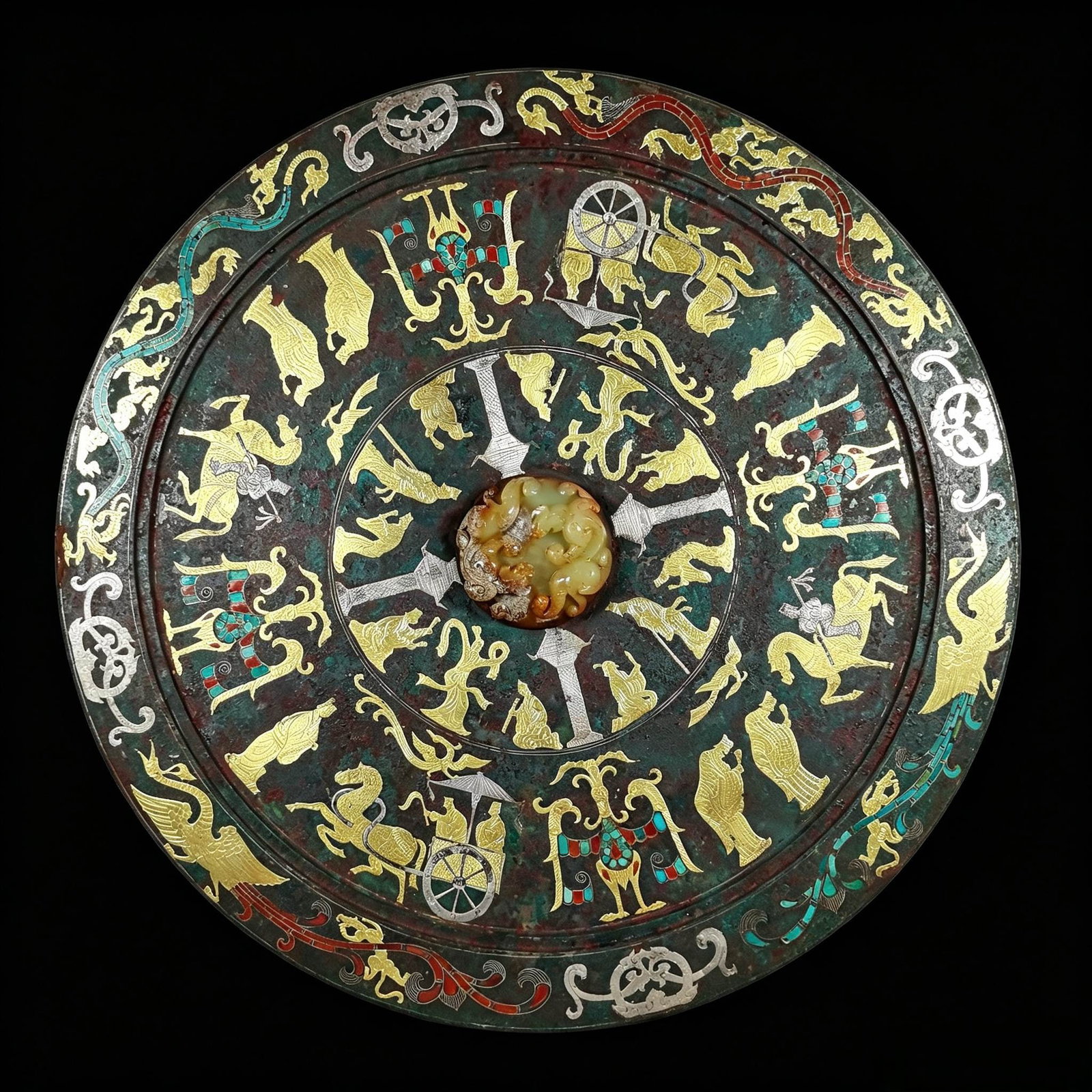 A Rare Bronze Inlaid Gold and Silver Character and Story Pattern Mirror,Inlaid White Jade: A Rare Bronze Inlaid Gold and Silver Character and Story Pattern Mirror,Inlaid White Jade,Qing Dynasty,China,Size:15in青铜错金银人物故事纹&#