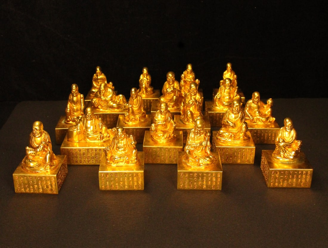 A Set of Fine Gilt Bronze Statue of Arhat Seals,With Poem: A Set of Fine Gilt Bronze Statue of Arhat Seals,With Poem,Qing