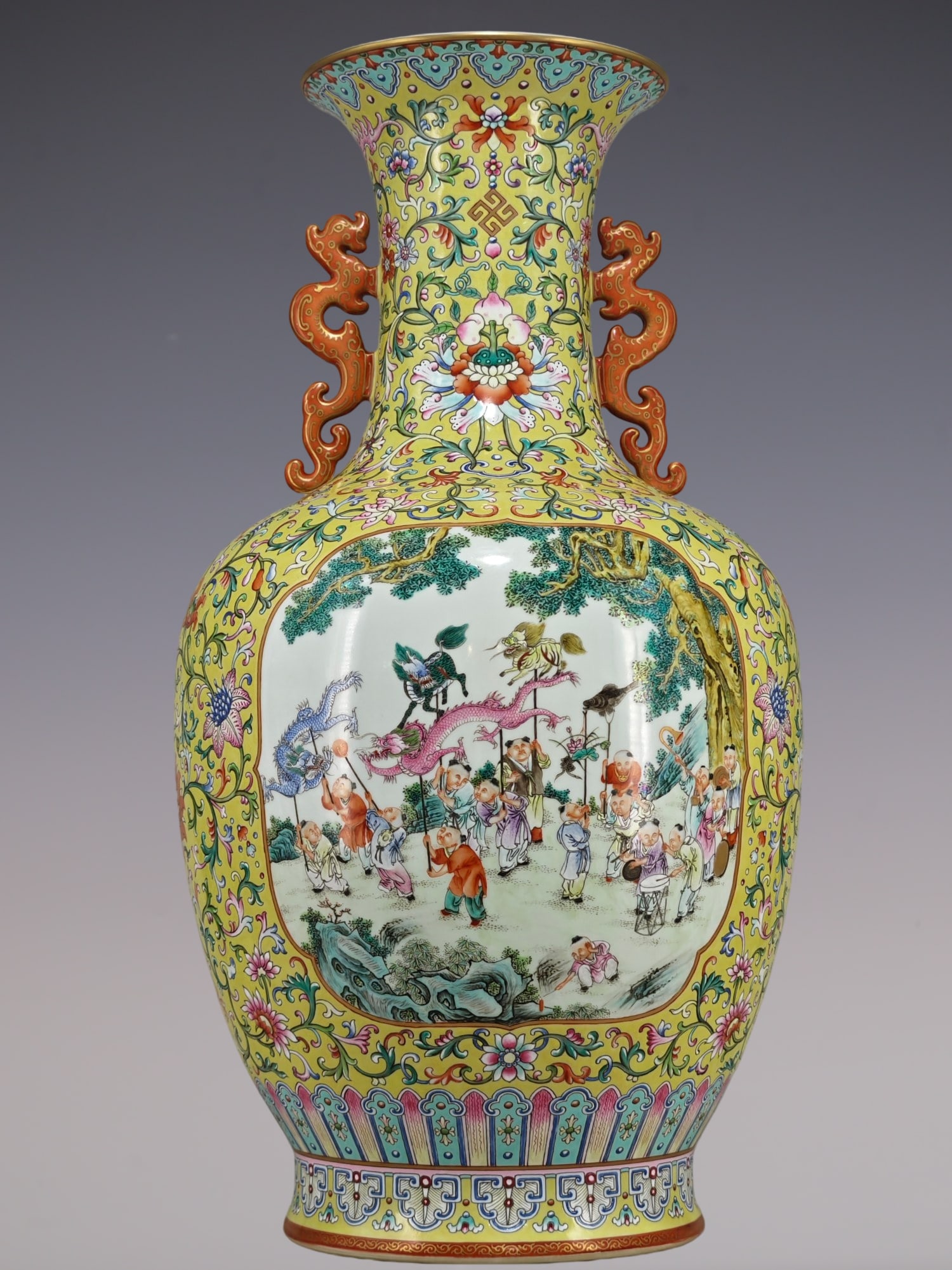 A Huge Famille-Rose Yellow Ground Painted Gold Lotus,Character and Story Pattern Double-Ears Vase: A Huge Famille-Rose Yellow Ground Painted Gold Lotus,Character and Story Pattern Double-Ears Vase,Qing Dynasty, China,Qianlong Six-character Mark,Size:25.2inx13.8in粉彩黄地