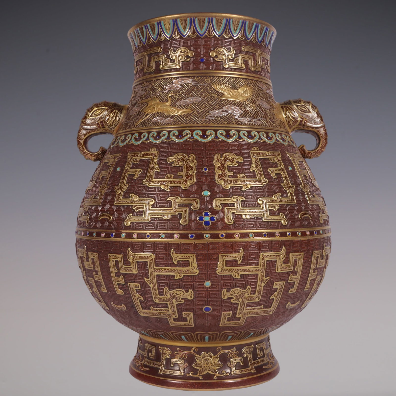 An Exquisite Brown Glazed Inlaid Gold and Silver Chi-Dragon,Auspicious Cloud and Crane Pattern: An Exquisite Brown Glazed Inlaid Gold and Silver Chi-Dragon,Auspicious Cloud and Crane Pattern Elephant-Ears Vase,Qing Dynasty, China,Qianlong Six-character