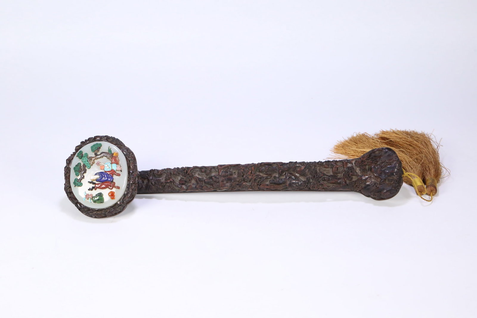 A Huge Zitanwood Inlaid White Jade Character and Story Pattern Ruyi Ornament,Inlaid Gems: A Huge Zitanwood Inlaid White Jade Character and Story Pattern Ruyi Ornament,Inlaid Gems,Qing