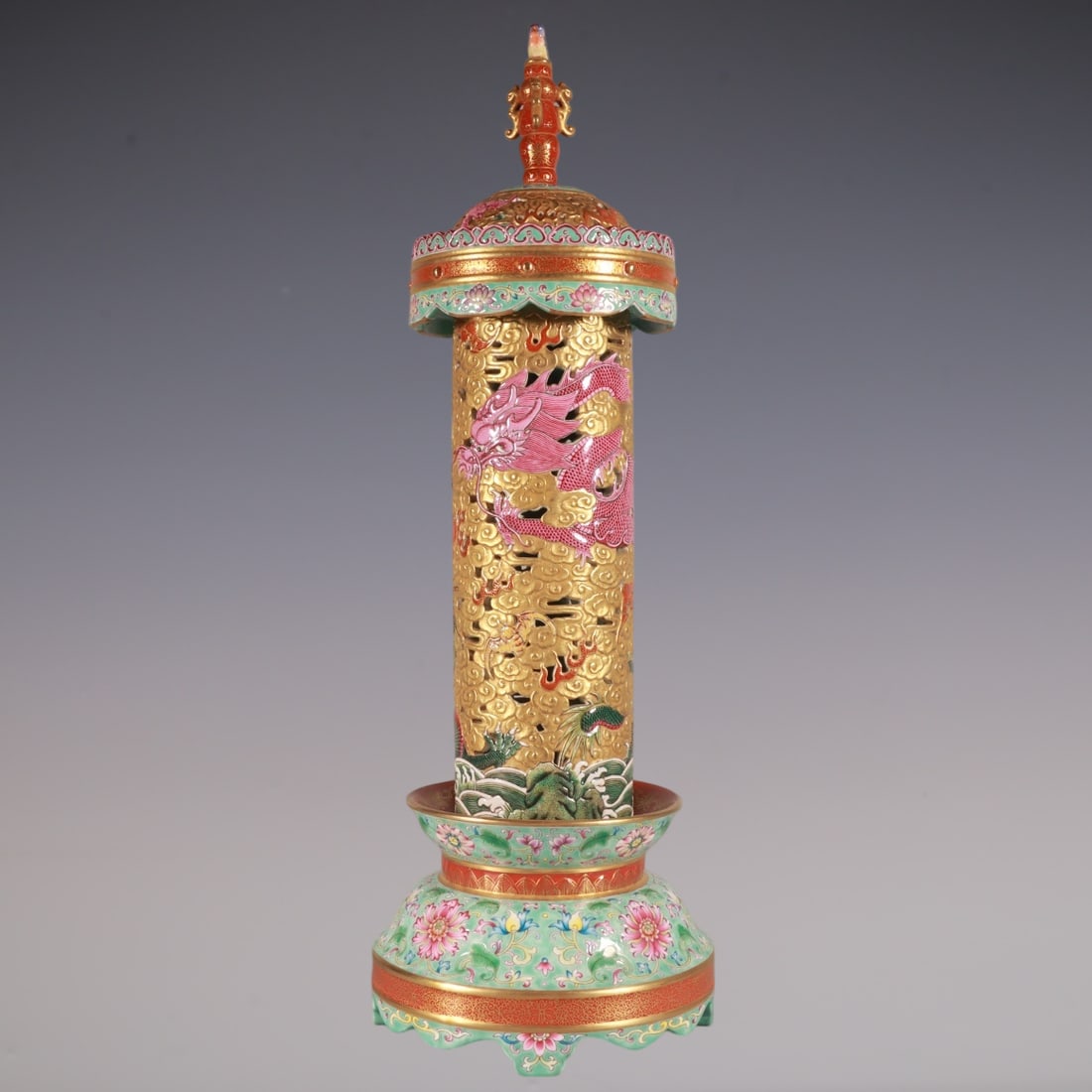 A Huge Enamel Gold Ground Hollow Auspicious Cloud and Dragon Pattern Censer: A Huge Enamel Gold Ground Hollow Auspicious Cloud and Dragon Pattern Censer,Qing Dynasty, China,Yongzheng Four-character Mark,Size:17.7inx5.9in珐琅彩金地镂空&