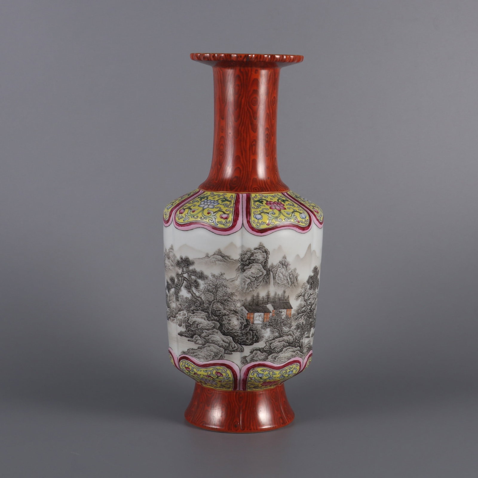 An Exquisite Imitation Wood Grain Glazed Famille-Rose Ink Color Painted Gold Landscape and Figure: An Exquisite Imitation Wood Grain Glazed Famille-Rose Ink Color Painted Gold Landscape and Figure Pattern Vase,Qing Dynasty, China,Qianlong Six-character Mark,Size:11.1inx4.9inx3.3in木纹&#