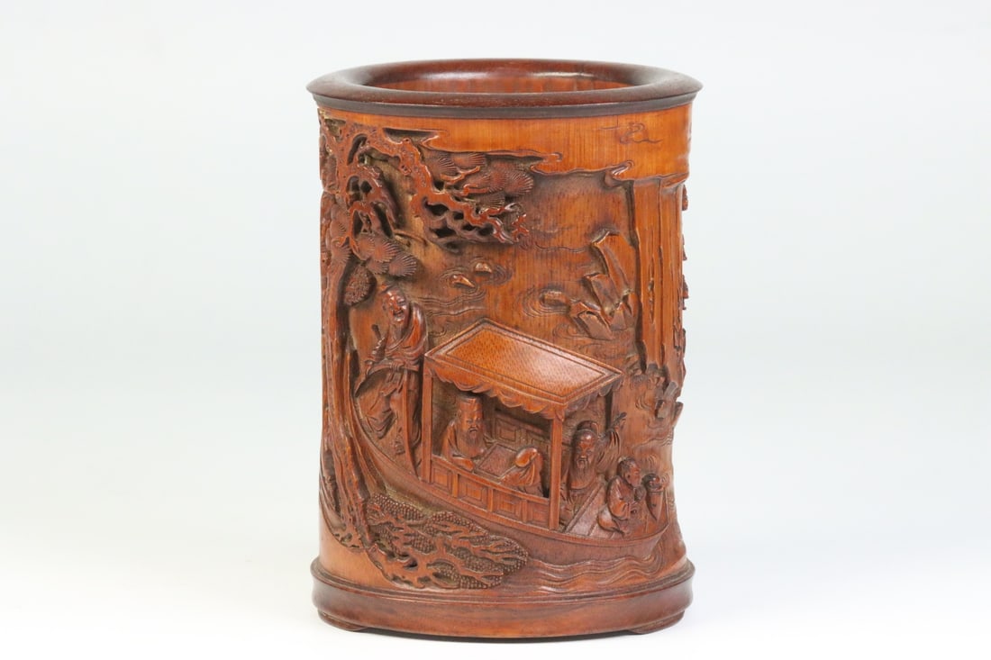 An Exquisite Bamboo Landscape and Figure Pattern Tripod Brush Pot (1 of 9)