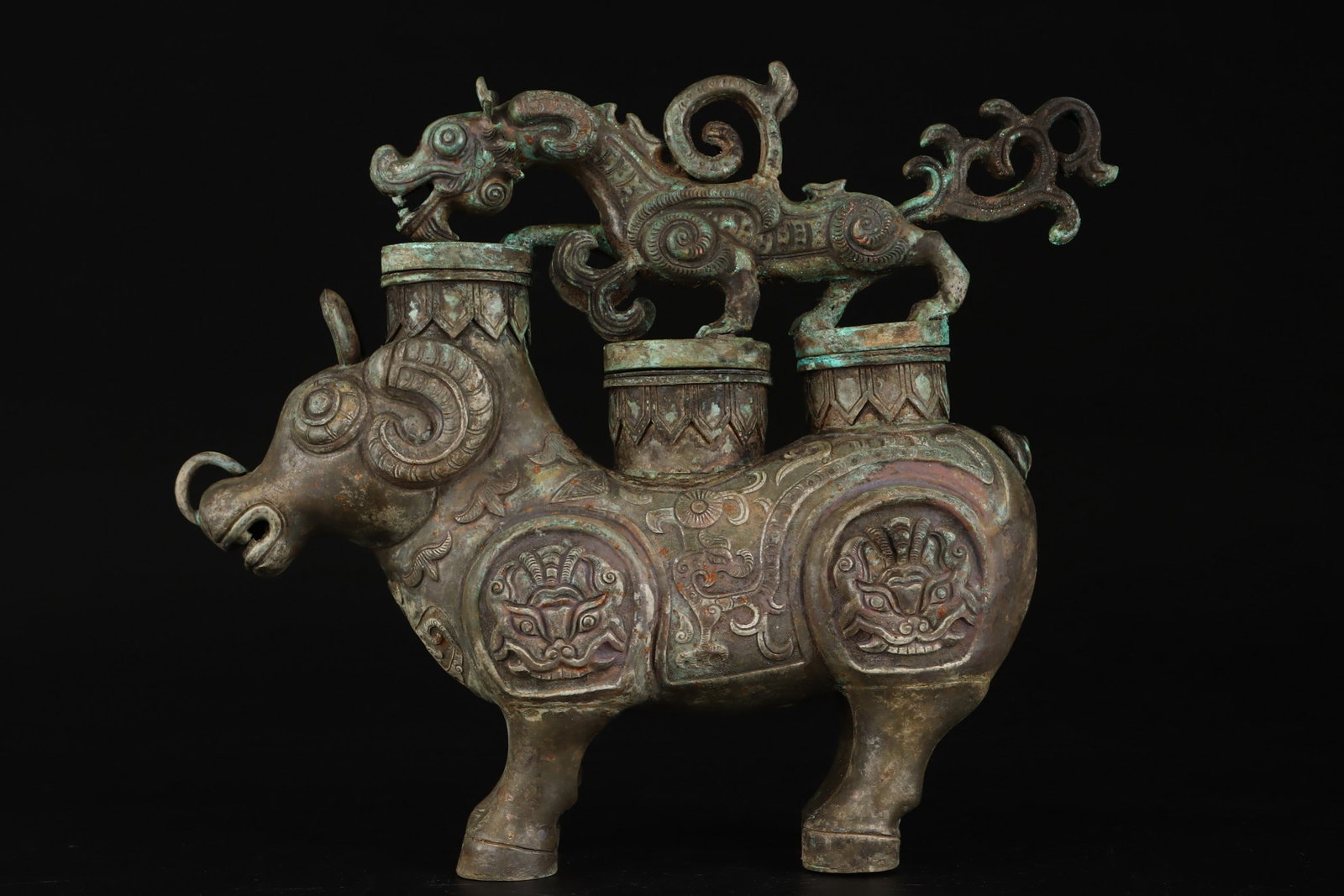 An Exquisite Silver-Gilt Bronze Beast-Face Pattern Buffalo Ornament: An Exquisite Silver-Gilt Bronze Beast-Face Pattern Buffalo Ornament,Qing
