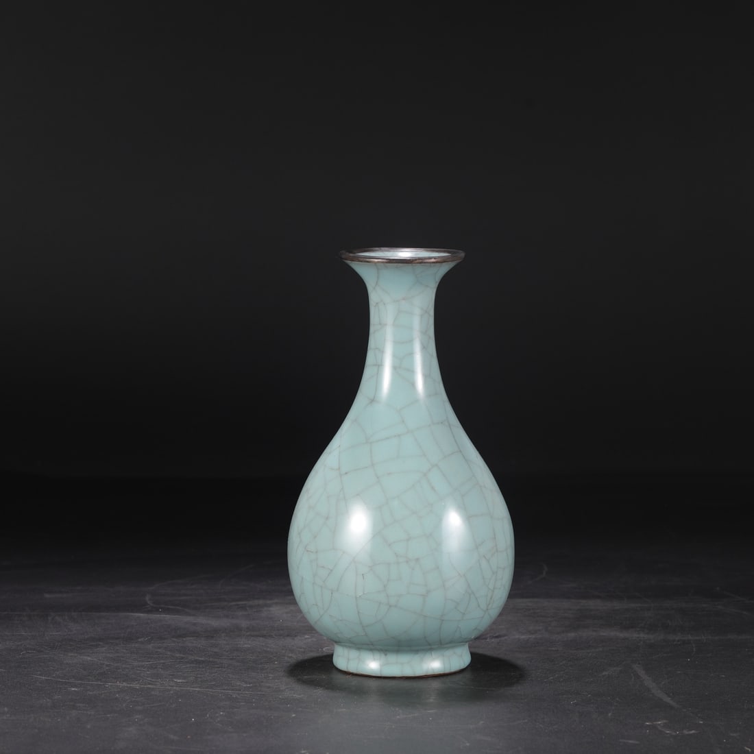 An Exquisite Guan yao Celadon Glazed Cover with Silver Vase,With an Imperial Poem by Emperor: An Exquisite Guan yao Celadon Glazed Cover with Silver Vase,With an Imperial Poem by Emperor Qianlong,Song Dynasty, China,Size:10.2inx3inx5.3in官窑青釉银口瓶,