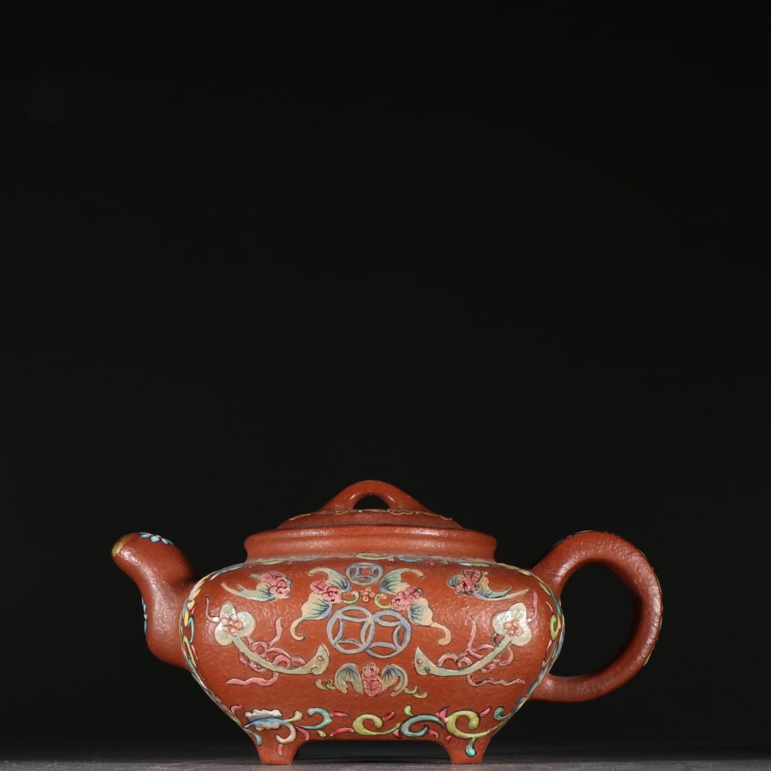 An Exquisite Purple Sands Painted Enamel Lotus and Bats Pattern Four Legs Teapot,With Poem (1 of 9)