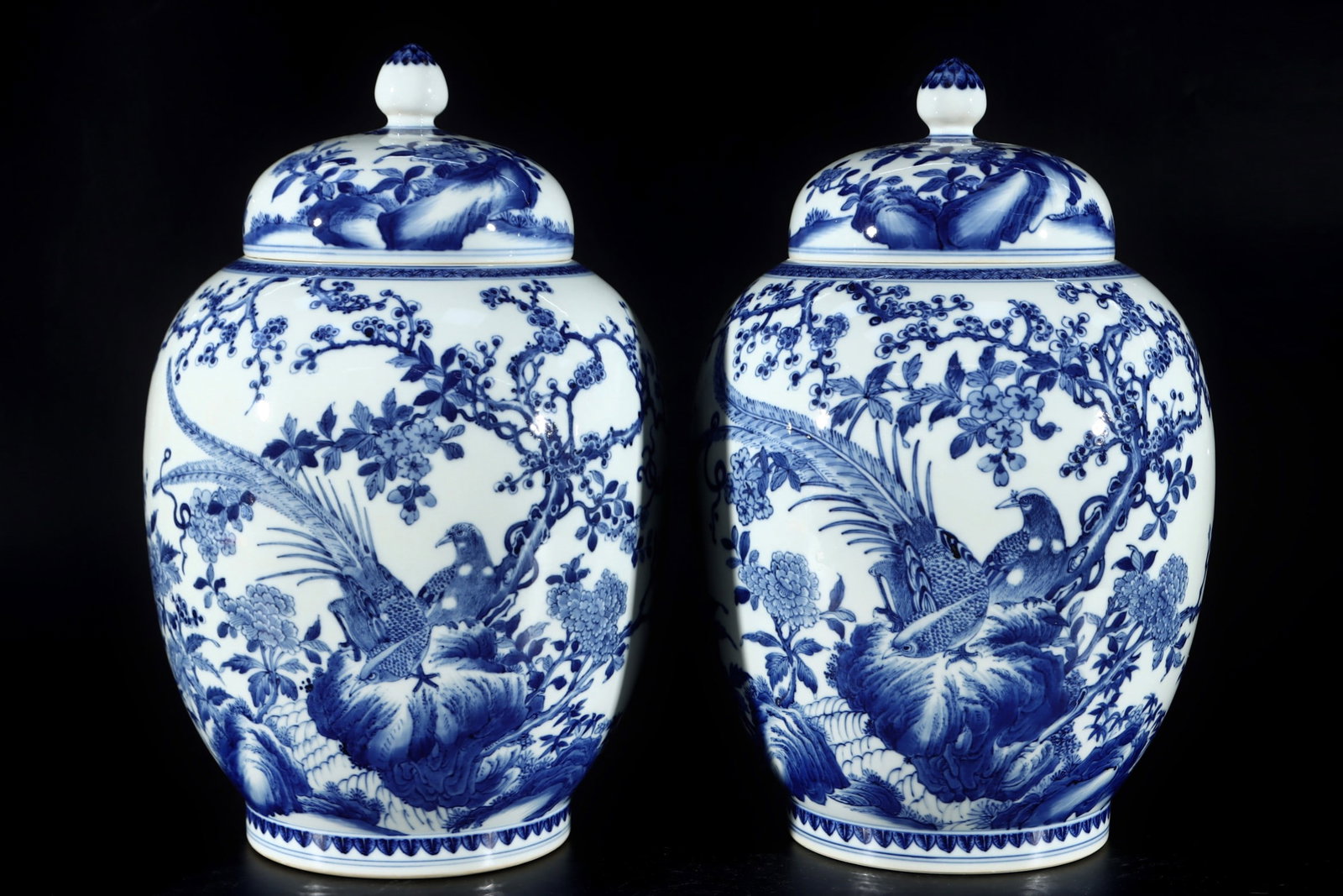 A Pair of Huge Blue and White Flower and Bird Pattern Cover Jars: A Pair of Huge Blue and White Flower and Bird Pattern Cover Jars,Qing Dynasty, China,Qianlong Six-character Mark,Size:16.9inx10.6in一对青花花鸟纹盖Ņ