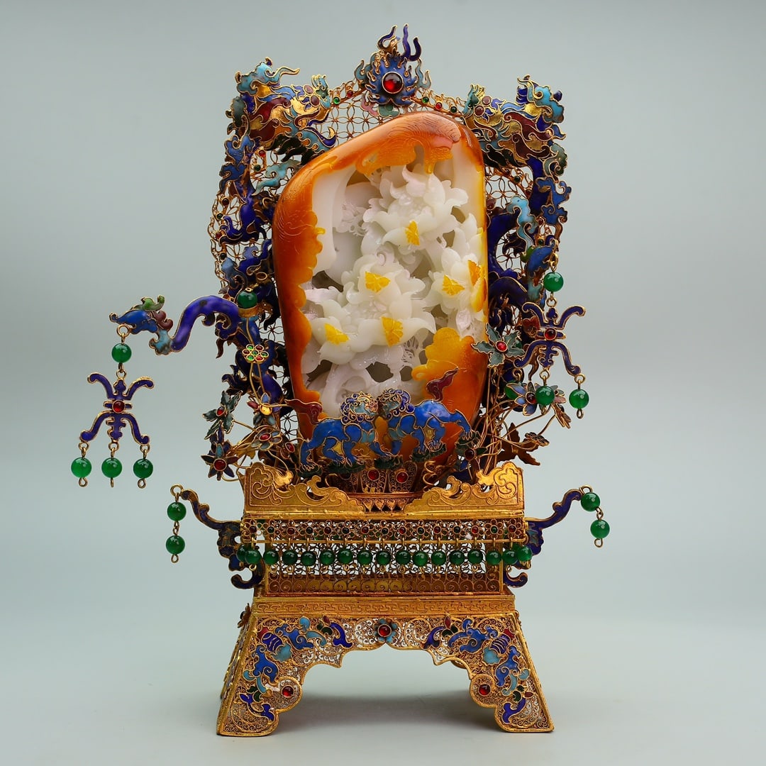 A Rare Filigree and Gilding Inlaid White Jade Peony Pattern Ornament,Inlaid Gems: A Rare Filigree and Gilding Inlaid White Jade Peony Pattern Ornament,Inlaid Gems,Qing Dynasty,China,Qianlong Four-character Mark,Size:14.3inx8.9inx3.7in,Weight:2834g花丝鎏金