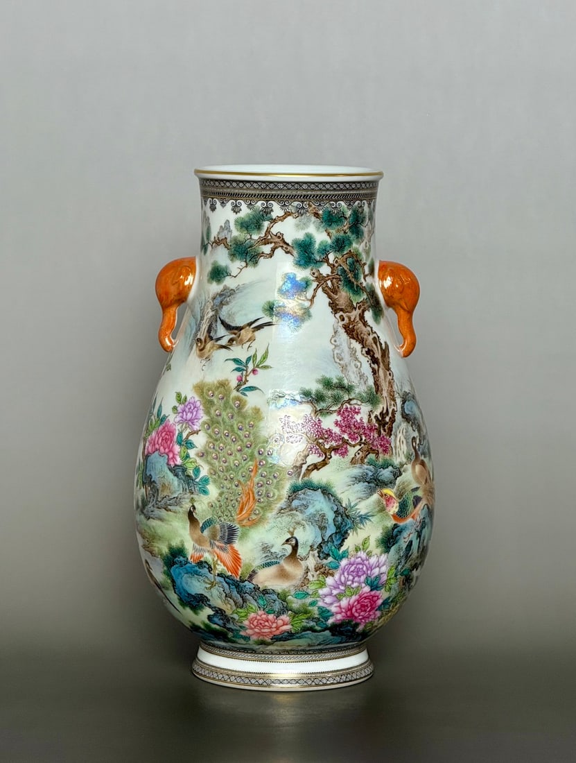 An Exquisite Ink Color Famille-Rose Painted Gold Flower and Bird Pattern Elephant-Ears Vase,With: An Exquisite Ink Color Famille-Rose Painted Gold Flower and Bird Pattern Elephant-Ears Vase,With Poem,Qing Dynasty,China,Qianlong Six-character Mark,Size:11.5inx6.7inx4.1in墨彩粉