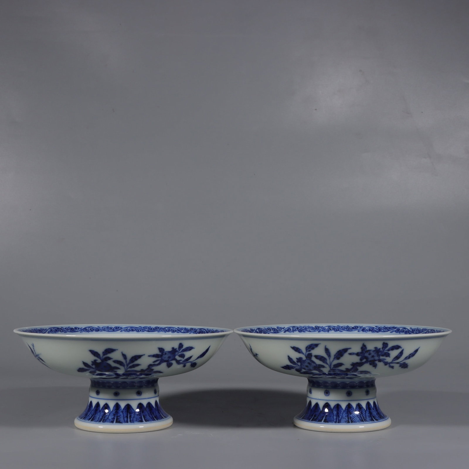A Pair of Exquisite Blue and White Lotus Pattern Stem Plate: A Pair of Exquisite Blue and White Lotus Pattern Stem Plate,Qing Dynasty, China,Qianlong Six-character