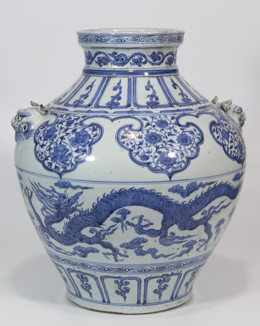 A Rare Blue and White Auspicious Cloud and Dragon Pattern Beast-Ears Jar: A Rare Blue and White Auspicious Cloud and Dragon Pattern Beast-Ears Jar,Yuan Dynasty,