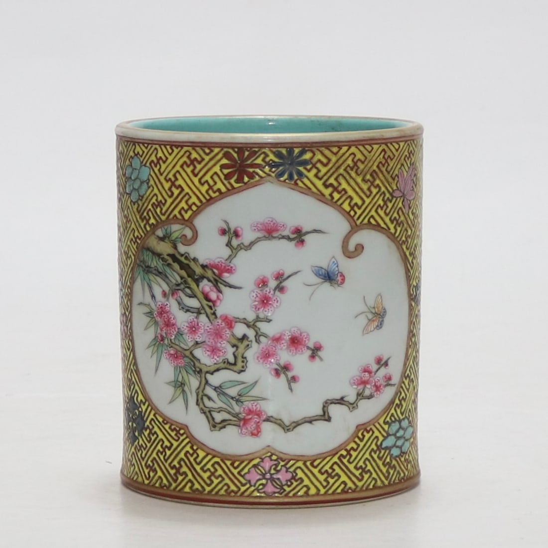 An Exquisite Famille-Rose Yellow Ground Flower and Butterfly Pattern Brush Pot: An Exquisite Famille-Rose Yellow Ground Flower and Butterfly Pattern Brush Pot,Qing Dynasty, China,Qianlong Six-character