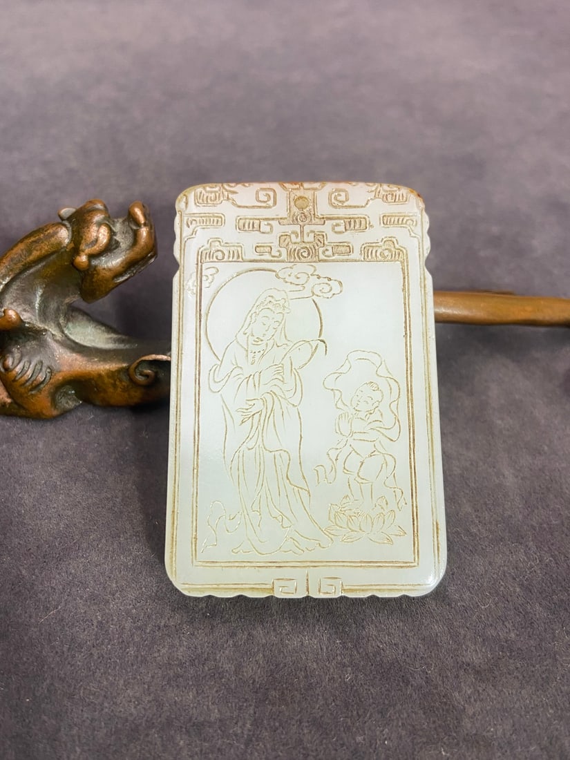 An Exquisite White Jade Statue of Avalokitesvara Pattern Pendant,With Poem: An Exquisite White Jade Statue of Avalokitesvara Pattern Pendant,With Poem,Qing