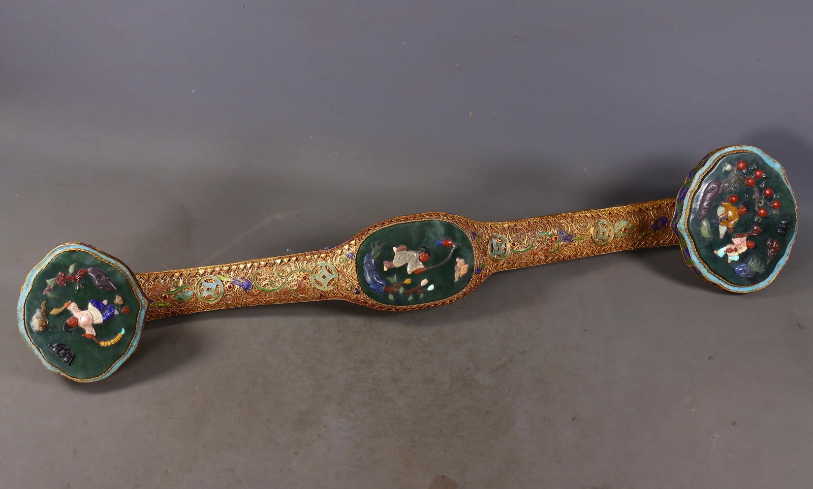 A Huge Filigree and Gilding Inlaid Jasper Figure Pattern Ruyi,Inlaid Gems: A Huge Filigree and Gilding Inlaid Jasper Figure Pattern Ruyi,Inlaid Gems,Qing Dynasty,China,Qianlong Four-character