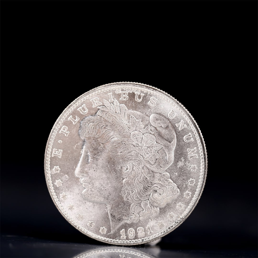 USA Morgan Dollar 1921 Coin: Obv: profile bust with date below and E PLURIBUS UNUM legend and stars around. Rev: eagle with In God we trust above within wreath with UNITED STATES OF AMERICA ONE DOLLAR legend. IN GOD WE TRUST / LI