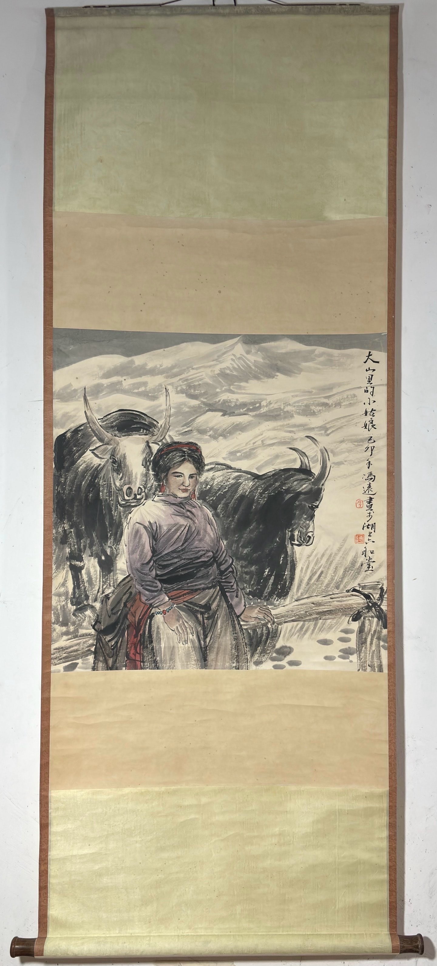 A Chinese Vertical Scroll Ink Painting of Figure and Buffalo on Paper,Feng Yuan: A Chinese Vertical Scroll Ink Painting of Figure and Buffalo on Paper,Feng Yuan,Size:(Without