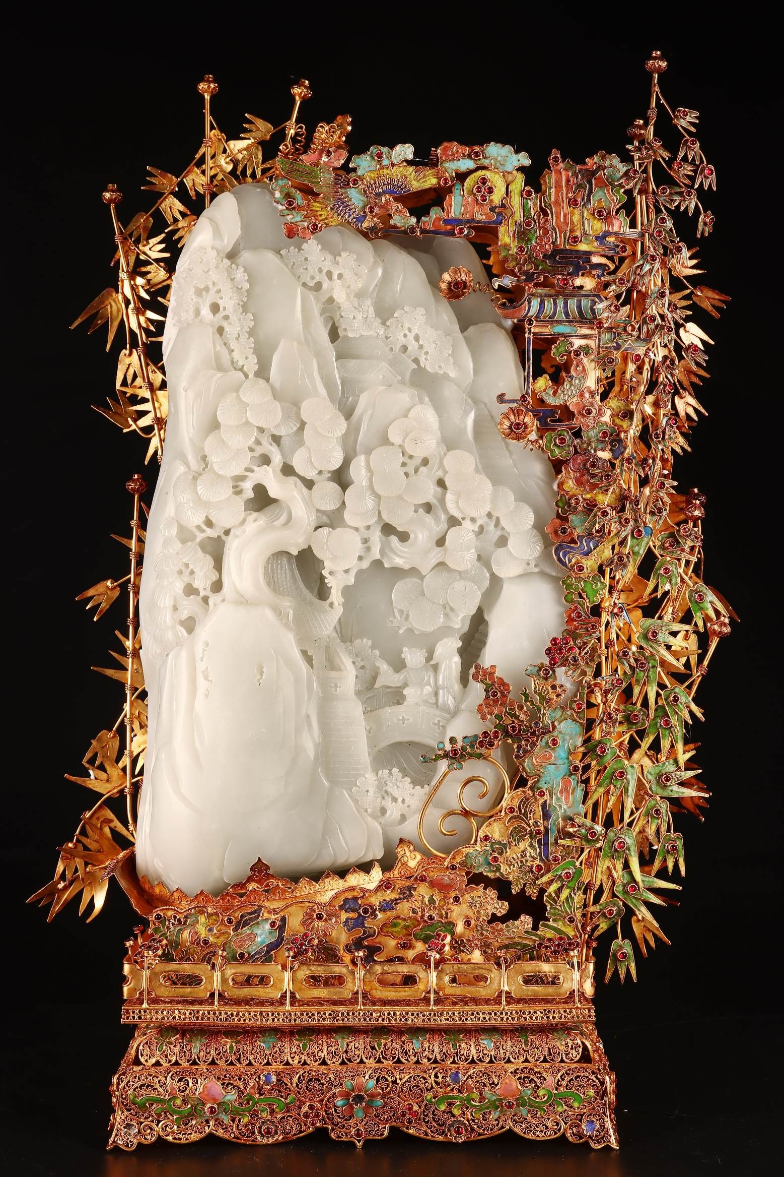 A Huge Filigree and Gilding Inlaid White Jade Landscape and Figure Pattern Rockery Ornament,Inlaid: A Huge Filigree and Gilding Inlaid White Jade Landscape and Figure Pattern Rockery Ornament,Inlaid Gems,Qing Dynasty,China,Qianlong Four-character