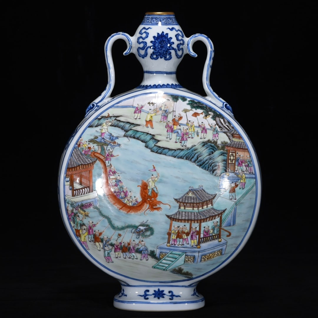 A Rare Blue and White Famille-Rose Painted Gold Character and Story Pattern Double-Ears Vase: A Rare Blue and White Famille-Rose Painted Gold Character and Story Pattern Double-Ears Vase,Qing Dynasty, China,Qianlong Six-character Mark,Size:13.3inx9.1in青花粉彩描&#
