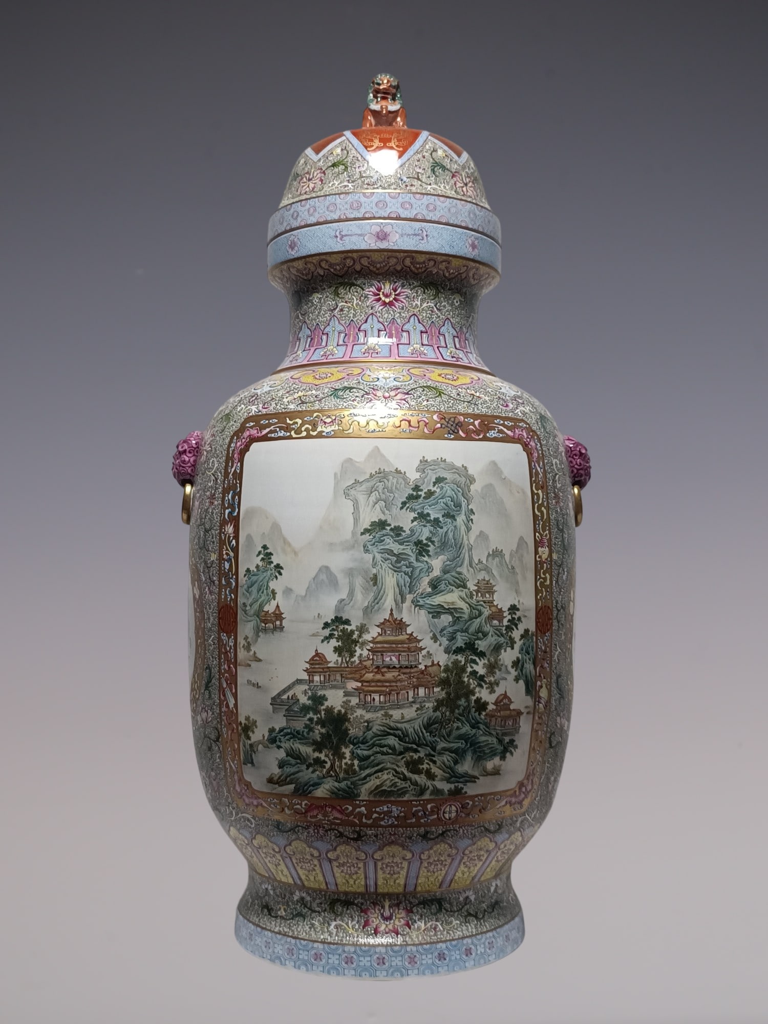 A Huge Enamel Painted Gold Landscape and Figure Pattern Lion-Ears Jar with Cover: A Huge Enamel Painted Gold Landscape and Figure Pattern Lion-Ears Jar with Cover,Qing Dynasty, China,Qianlong Four-character Mark,Size:37.4inx18.1in珐琅彩描金山