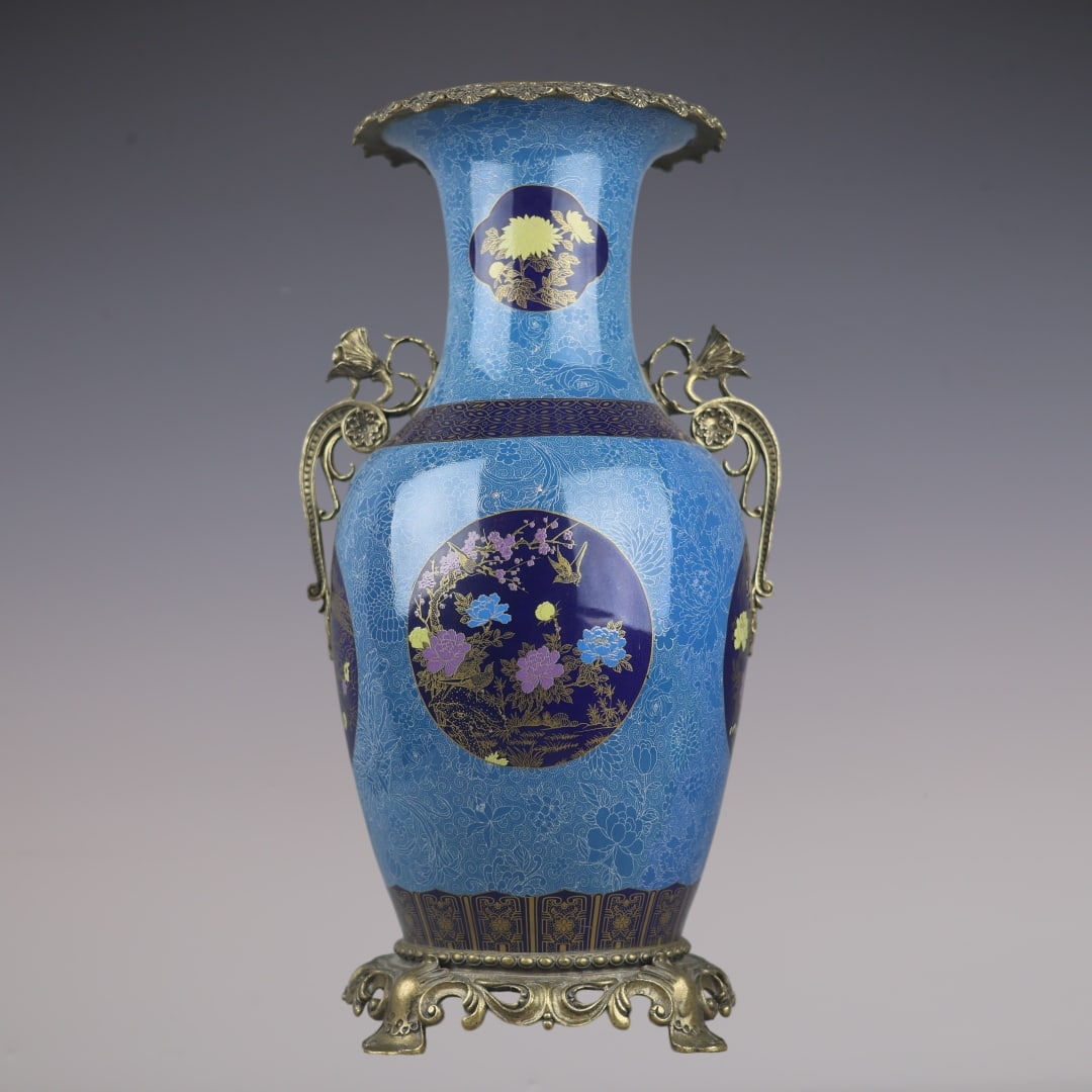 A Huge Blue Ground Famille-Rose Painted Gold Inlaid Bronze Flower and Bird Pattern Double-Ears Vase: A Huge Blue Ground Famille-Rose Painted Gold Inlaid Bronze Flower and Bird Pattern Double-Ears Vase,Qing Dynasty,China,Qianlong Four-character Mark,Size:18.1inx9.4inx7.9in蓝地粉ô