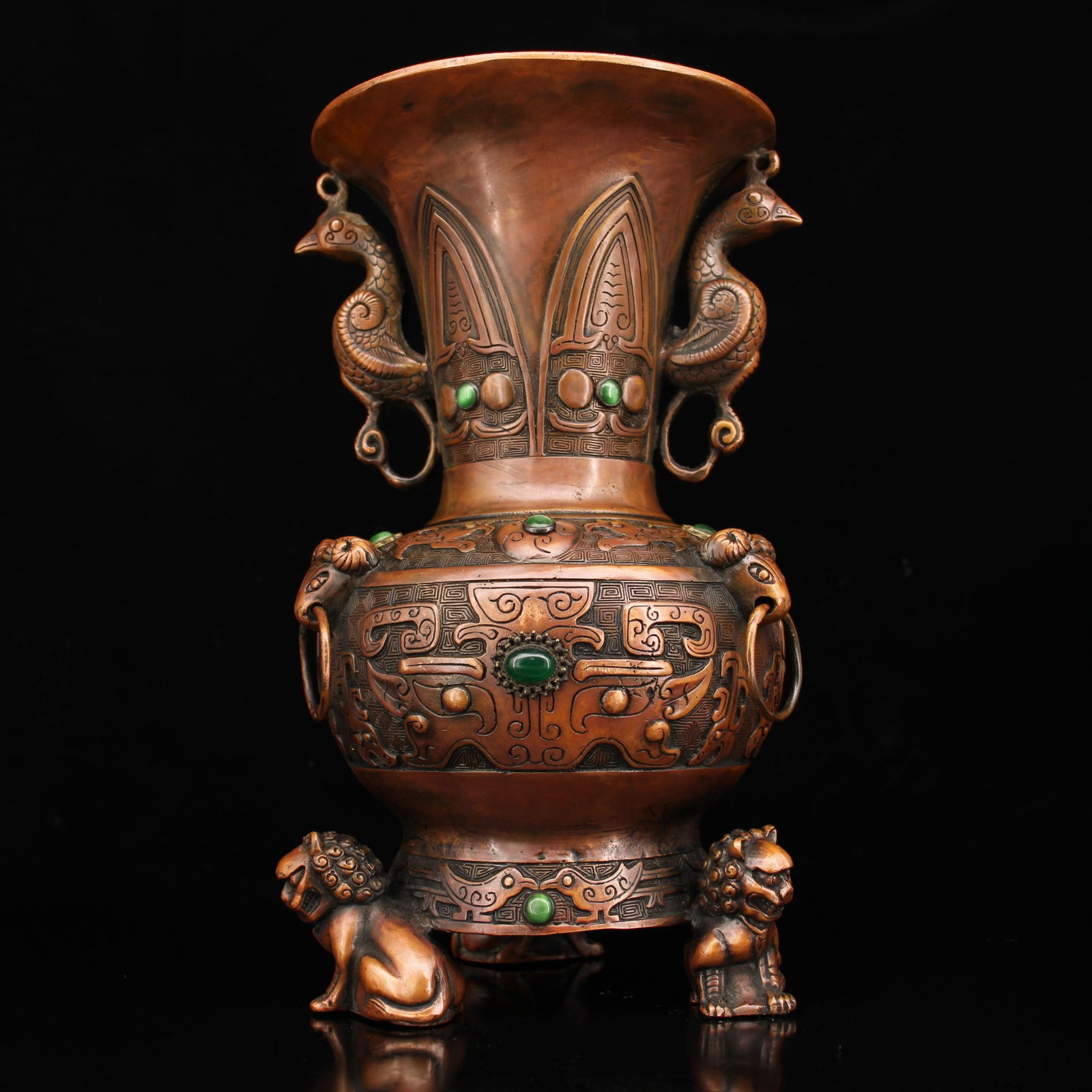 An Exquisite Bronze Inlaid Gems Beast-Face Pattern Phoenix-Ears Beast Legs Vase: An Exquisite Bronze Inlaid Gems Beast-Face Pattern Phoenix-Ears Beast Legs Vase,Qing Dynasty,China,Size:11inx6.3in,Weight:2925g铜镶宝石兽面纹凤耳&