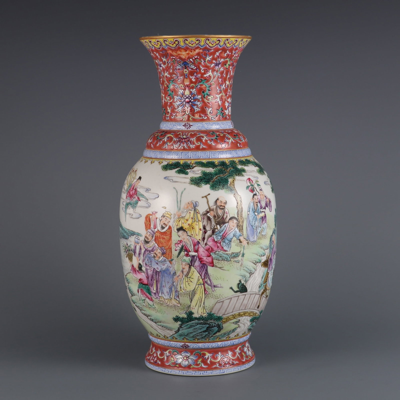 A Rare Famille-Rose Painted Gold Character and Story Pattern Vase: A Rare Famille-Rose Painted Gold Character and Story Pattern Vase,Qing Dynasty, China,Qianlong Six-character Mark,Size:13.8inx4.6in粉彩描金人物故事ń