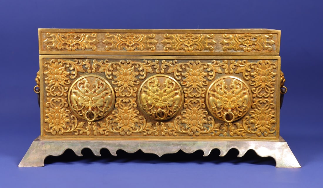 A Rare Gilt Bronze Lotus,Beast-Face and Dragon Pattern Box,With Scriptures (1 of 9)