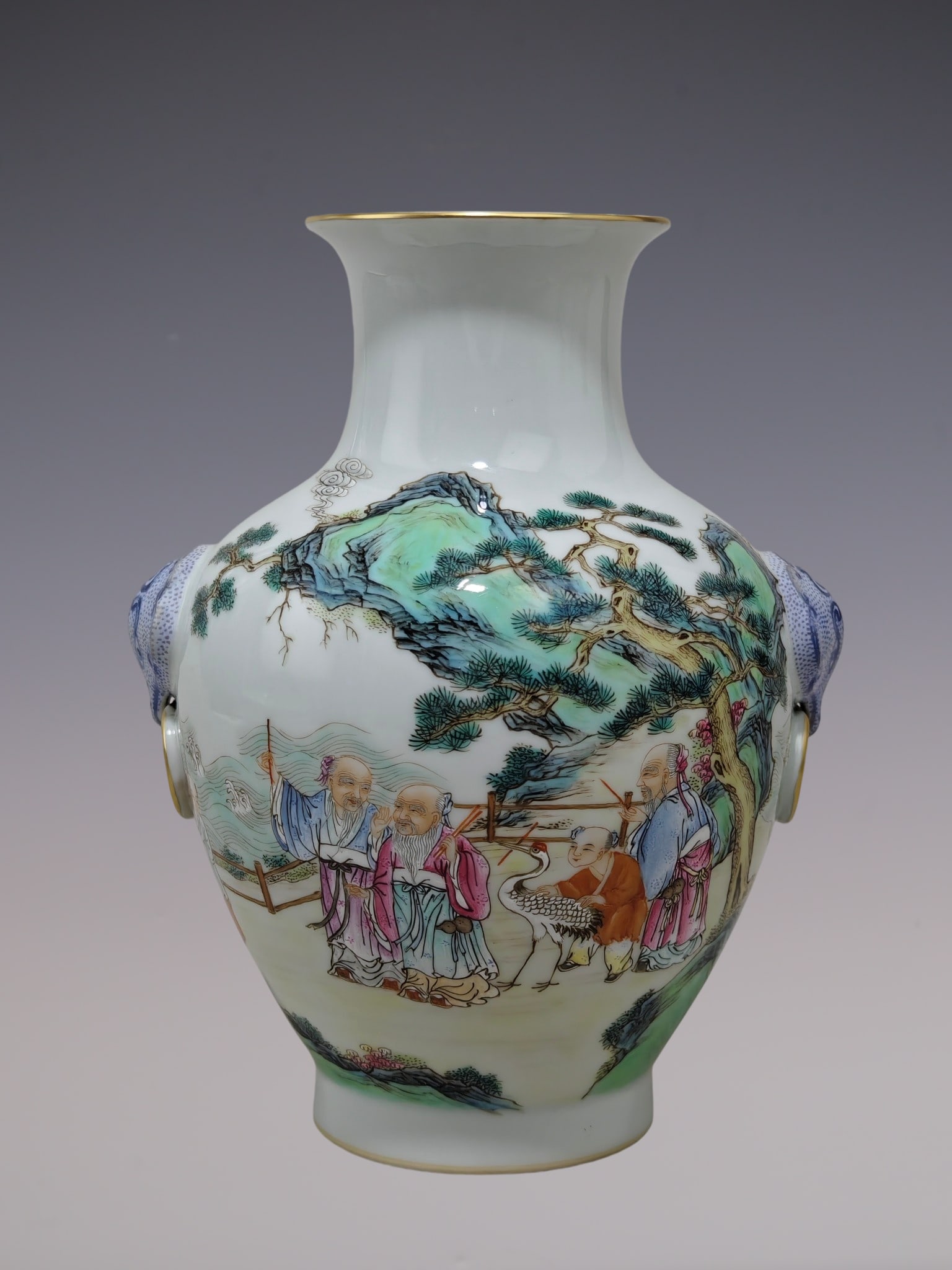 An Exquisite Famille-Rose Painted Gold Landscape and Figure Pattern Beast-Ears Vase: An Exquisite Famille-Rose Painted Gold Landscape and Figure Pattern Beast-Ears Vase,Qing Dynasty, China,Qianlong Six-character