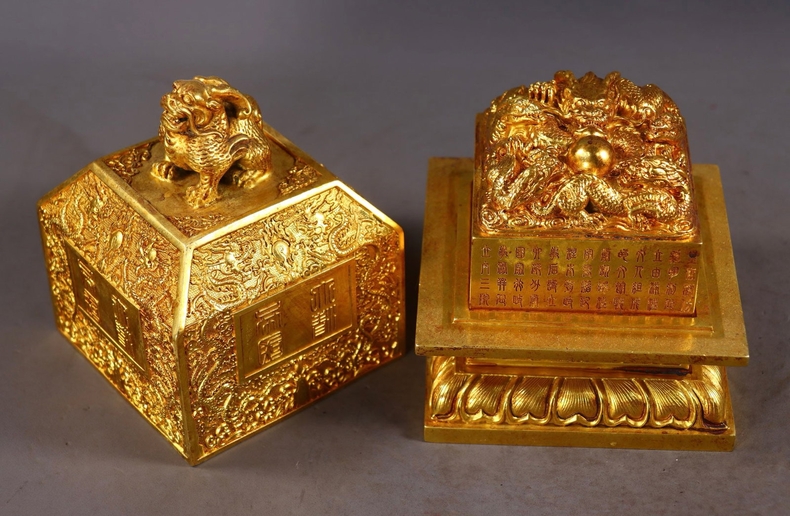 An Exquisite Gilt Bronze Dragon Pattern Seal,With Poem: An Exquisite Gilt Bronze Dragon Pattern Seal,With Poem,Qing Dynasty,China,Size:7.5inx4.9inx4.9in,(Seal)2.8inx3.3inx3.3in,Total